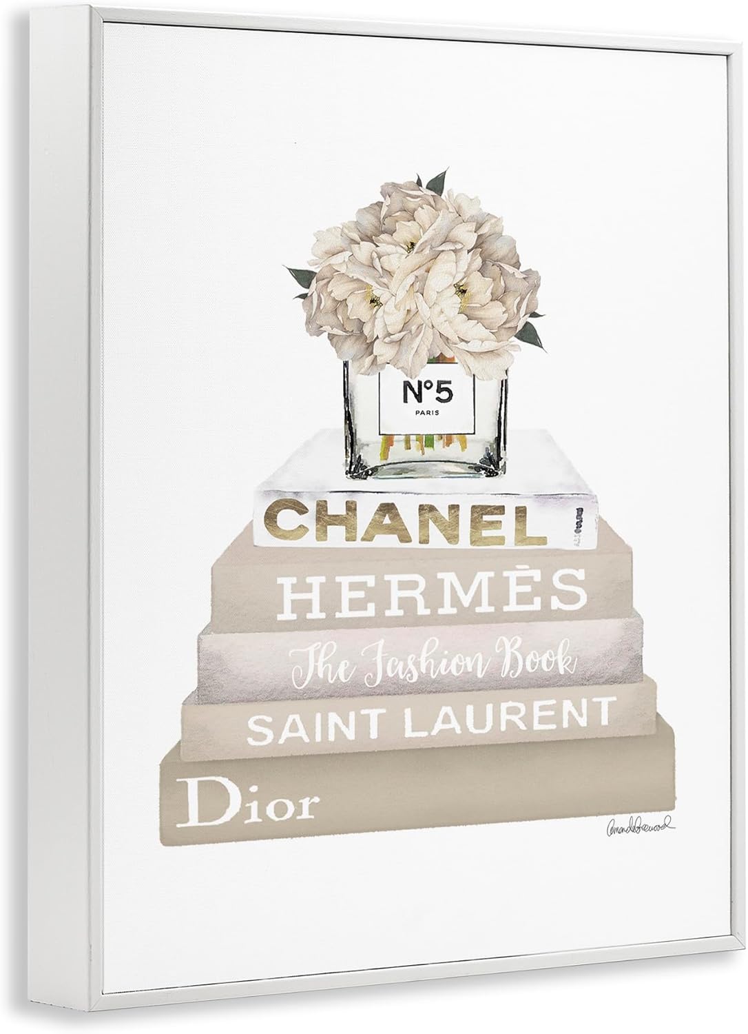 Stupell Industries 'Beige High Fashion Bookstack', Framed Giclee Art, White, 11 x 14 Inches, Easy to Hang and Sturdy, Made in USA, by Amanda Greenwood