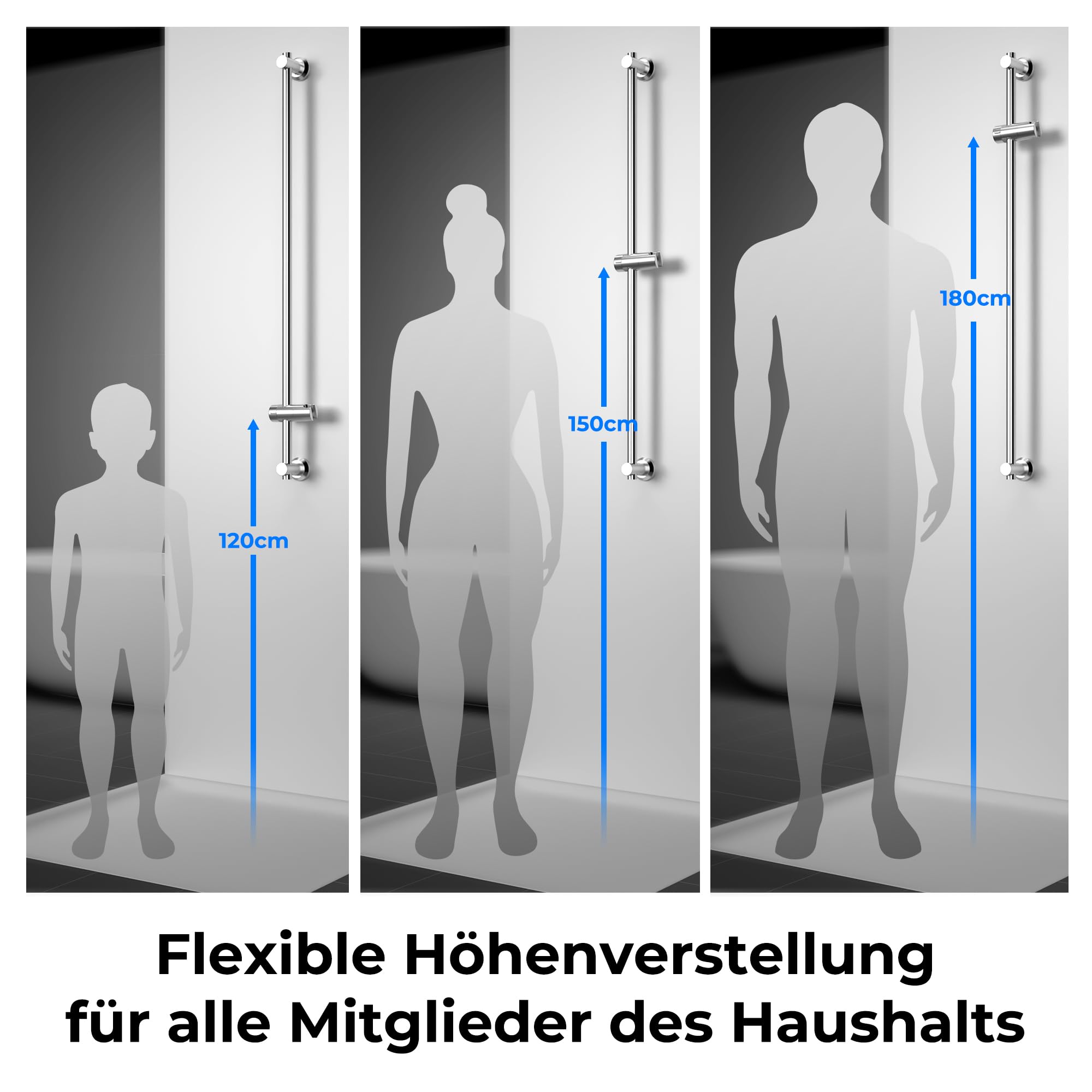 JOHO Dusche Brausestange Edelstahl mit Duschkopfhalter und Variable Wandbefestigungen, bestehende Bohrlöcher nutzbar, Duschstange 100 cm, Chrom