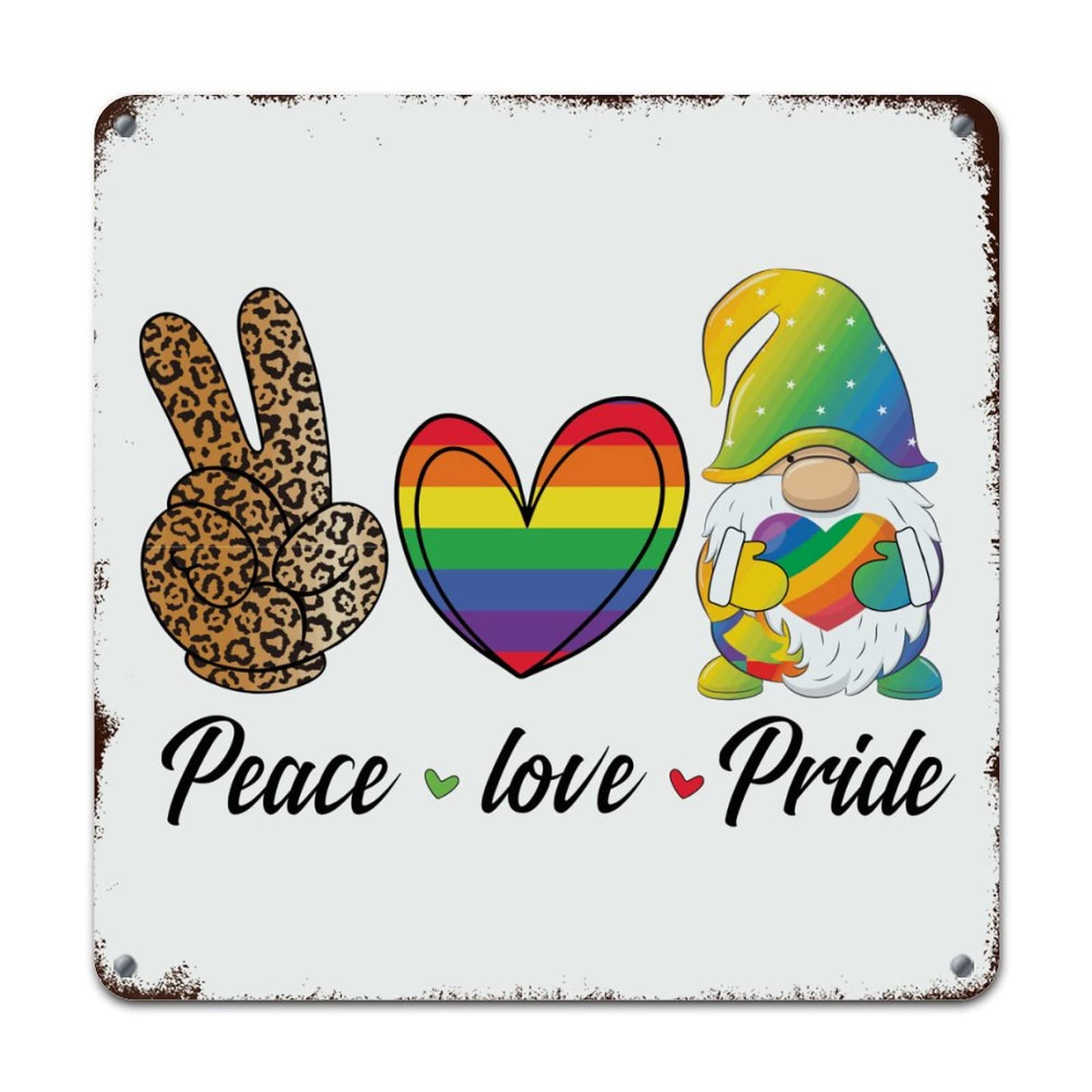 WoGuangis LGBTQ Pride Metal Wall Sign Peace Love Pride Rainbow Heart Gnome Metal Sign Pansexual Transgender Gay Rainbow Retro Vintage Wall Sign For Laundry Room Porch Workshop 10X10In