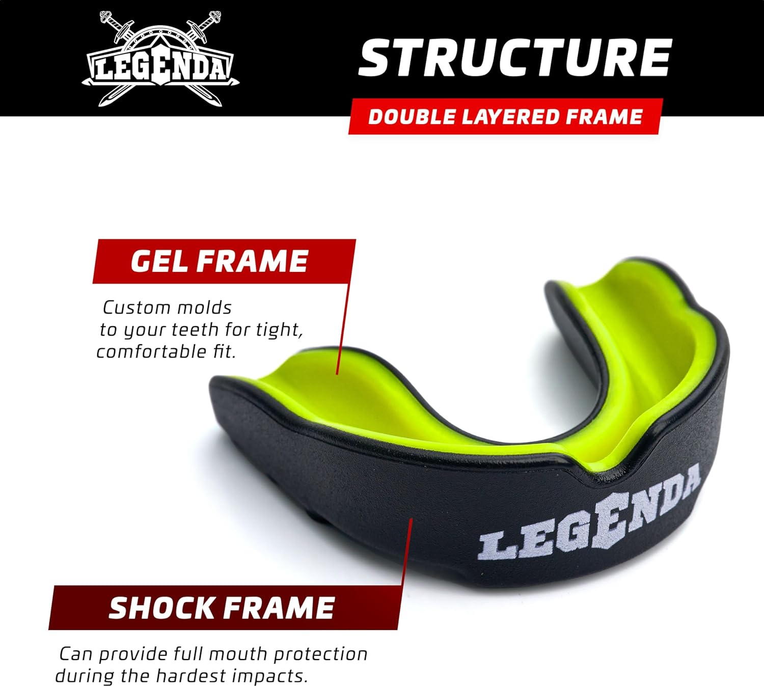 Legenda Sports Mouthguard for Kids (w/Case), Professional Mouthguard for Boxing, MMA, Karate, Football, BJJ, Martial Arts, Rugby, Lacrosse, Hockey (Black-Green)