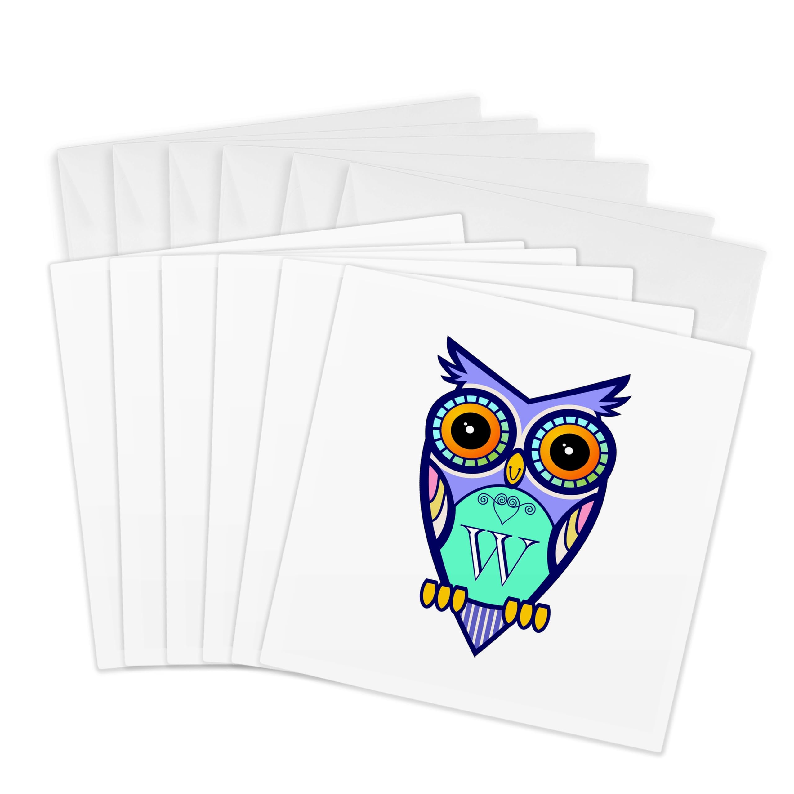 3dRose gc_241084_1 6 x 6-Inch "Initial Letter W- Cute Owl in Turquoise Pink and Lavender" Greeting Card (Pack of 6)