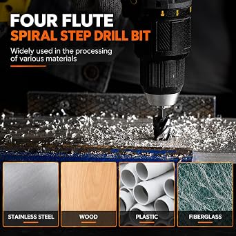 THINKWORK 10Pcs Step Drill Bit & Countersink Set, HSS Four Spiral Flute
