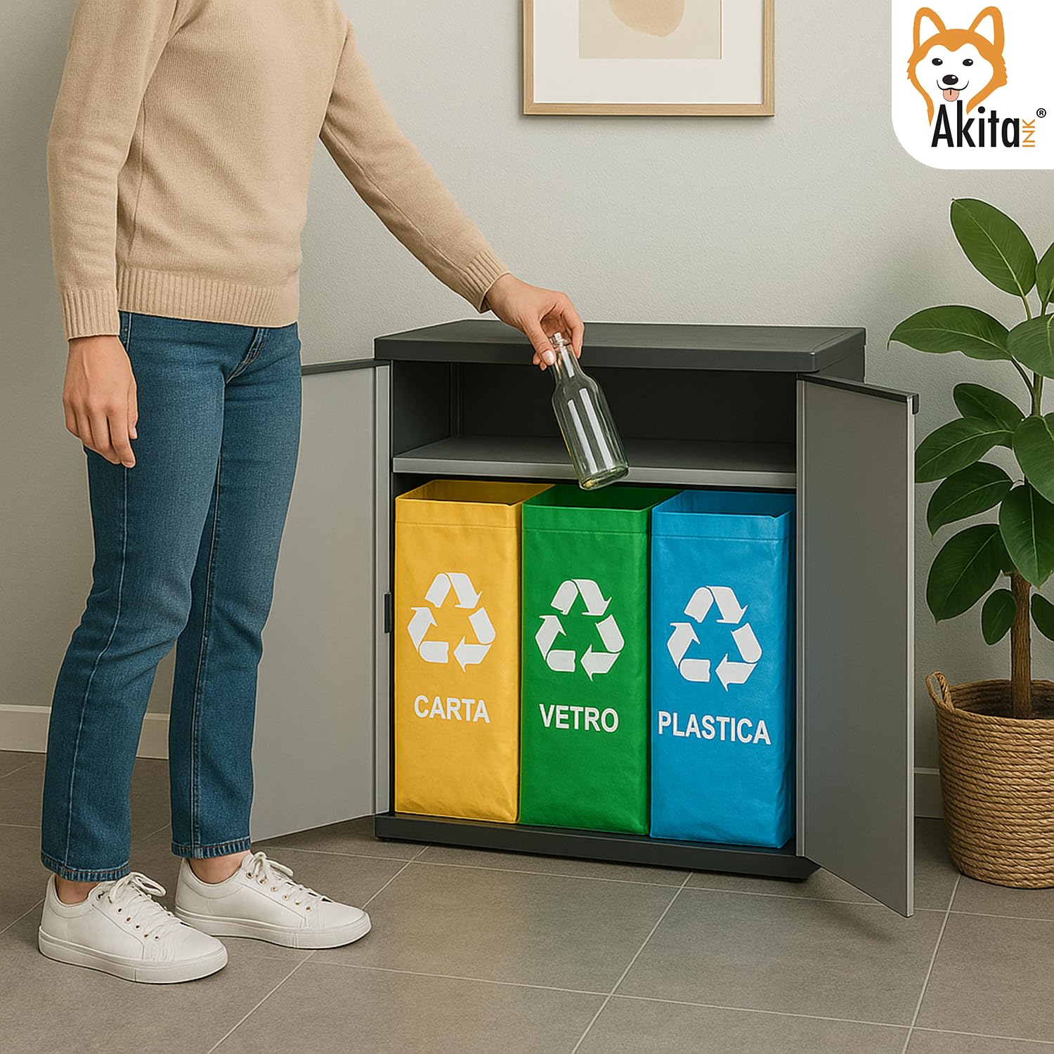Armadio Basso 2 Ante per Raccolta Differenziata 68x39,5x85 cm AKITAINK – Mobile in Plastica con Ripiano, Resistente e Pratico per Casa, Garage e Giardino