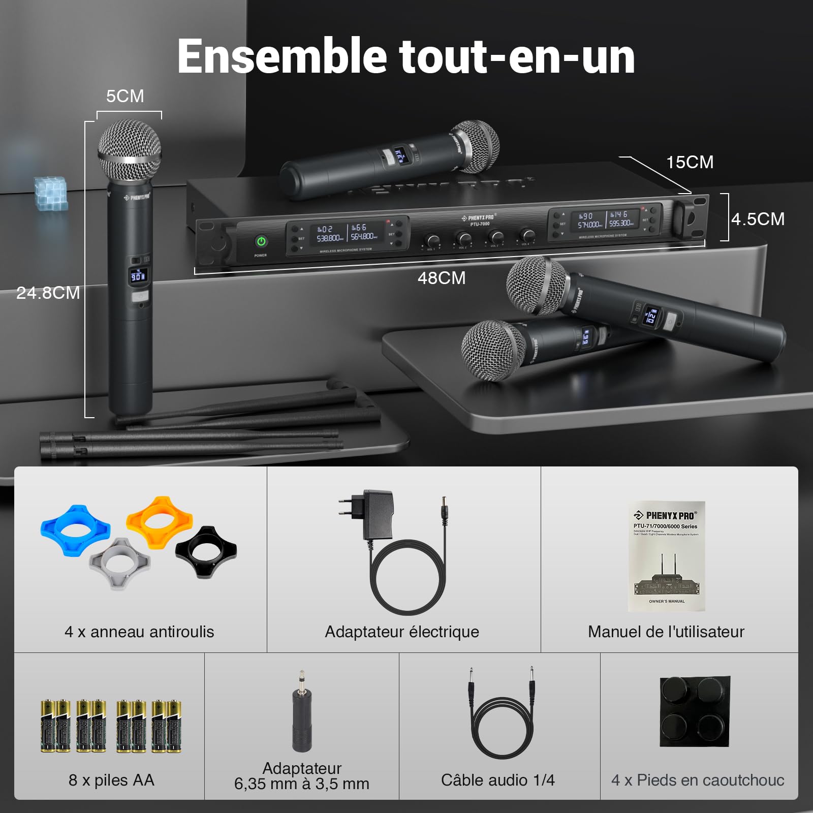 Phenyx Pro Système de Microphones sans Fil UHF 4 Canaux PTU-7000-4H | Auto Scan, 4 Micros main dynamiques, 4 x 40 fréquences, Portée 328 ft, Voix live, Services de culte, Événements karaoké