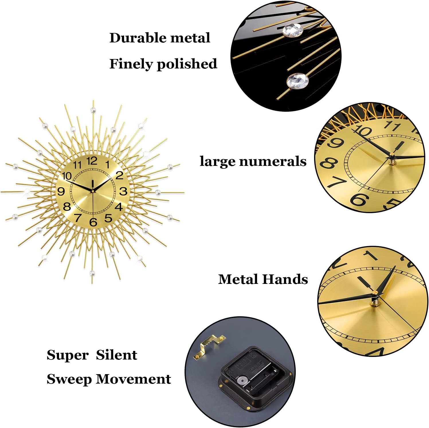 Large Wall Clock for Living Room Decor Big Modern Golden Crystal Silent Wall Clock Battery Operated Non-Ticking Metal Unique Decorative Wall Clocks for Bedroom Kitchen Office Indoor 24 Inch