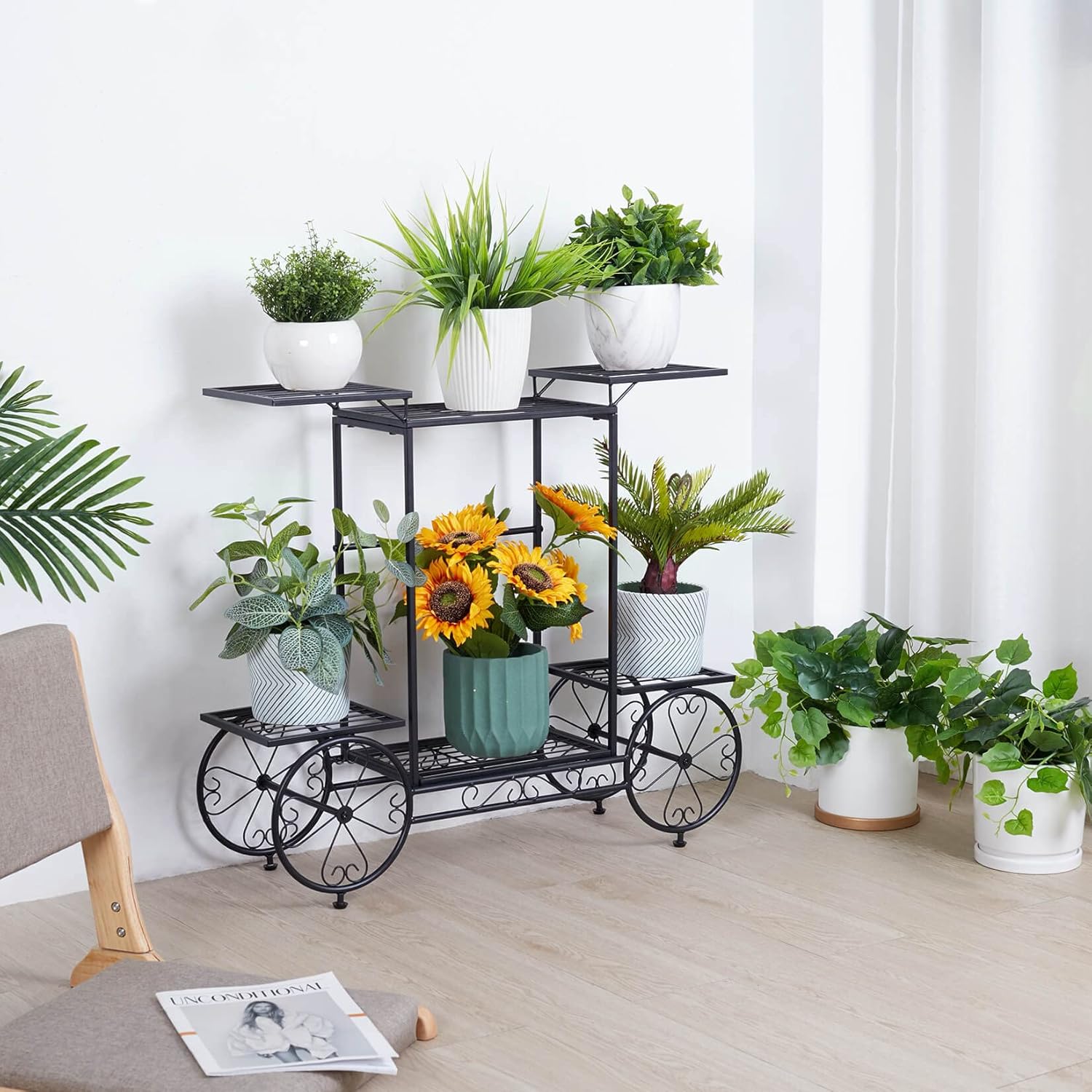 unho Metal Plant Stand Indoor: 6 Tier Garden Cart Flower Planter Pot Holder Parisian Style Wrought Iron Display Shelf Rack Decorating Garden Home Patio Condo Porch