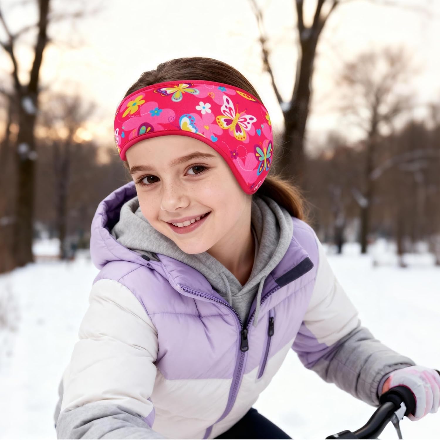 Kids Earmuffs Warmer Headband Stretch Winter Fleece Earmuffs Warm Ear Covers for Toddle Girls (Pink Butterfly)