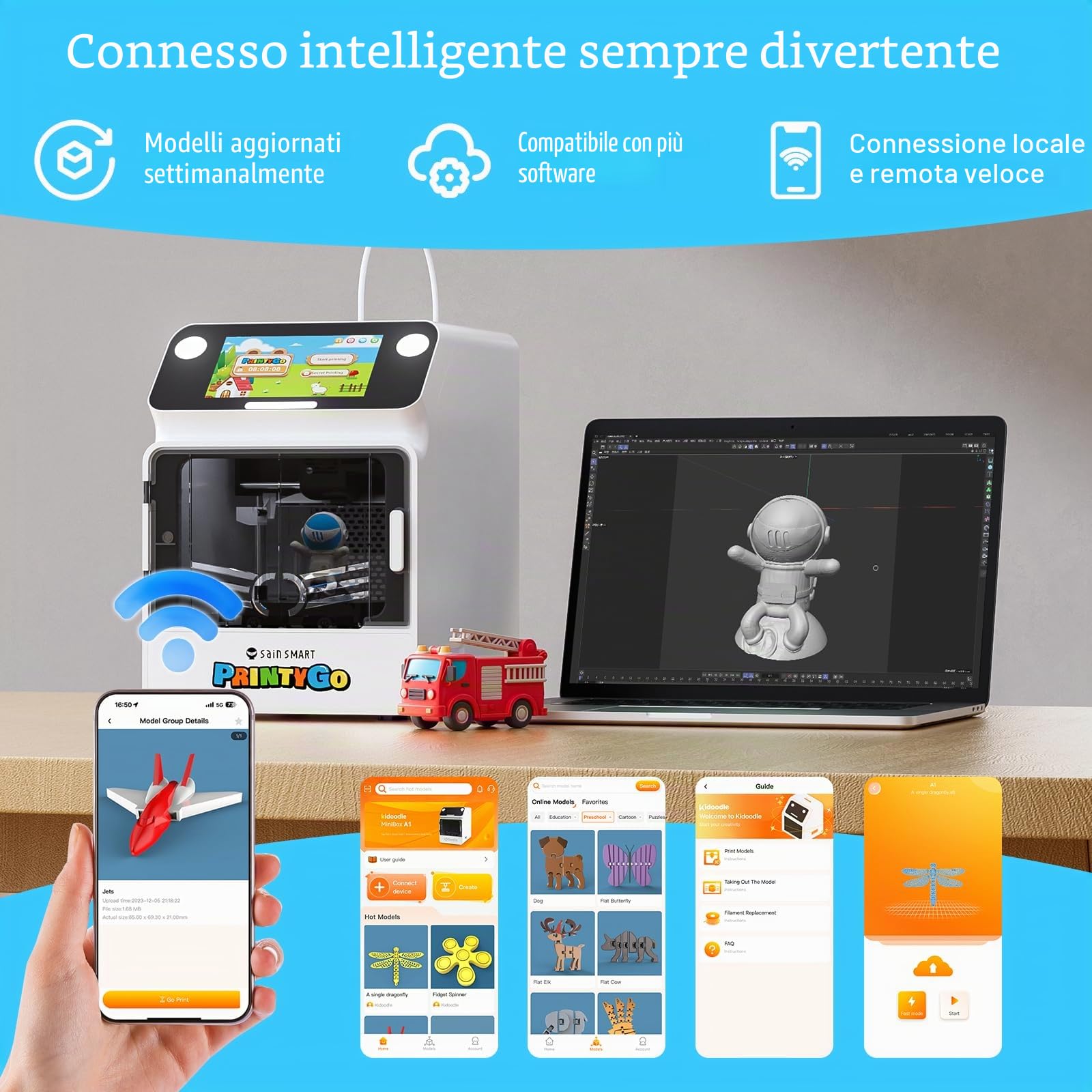 Stampante 3D PrintyGo Mini per bambini, stampante autolivellante da 600 mm/s per principianti con touch screen da 5", design sicuro per bambini, controllo Wi-Fi/app, regalo di apprendimento STEM