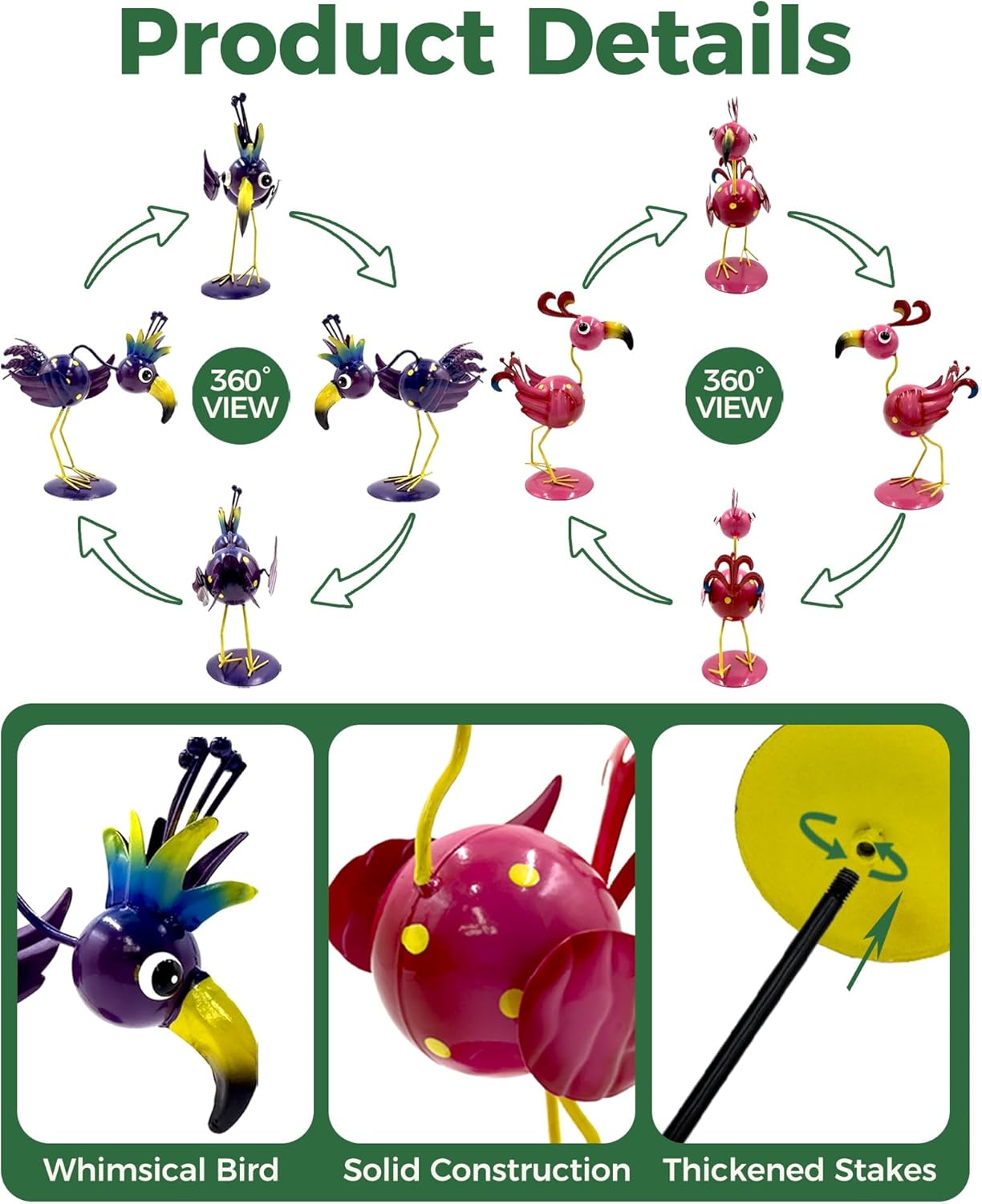 Whimsical Metal Bird Garden Statues Set of 2, Colorful Outdoor Yard Art with Stakes, Weather-Resistant Metal Bird Figurines for Garden Lawn Patio Decor, Cute Garden Gift