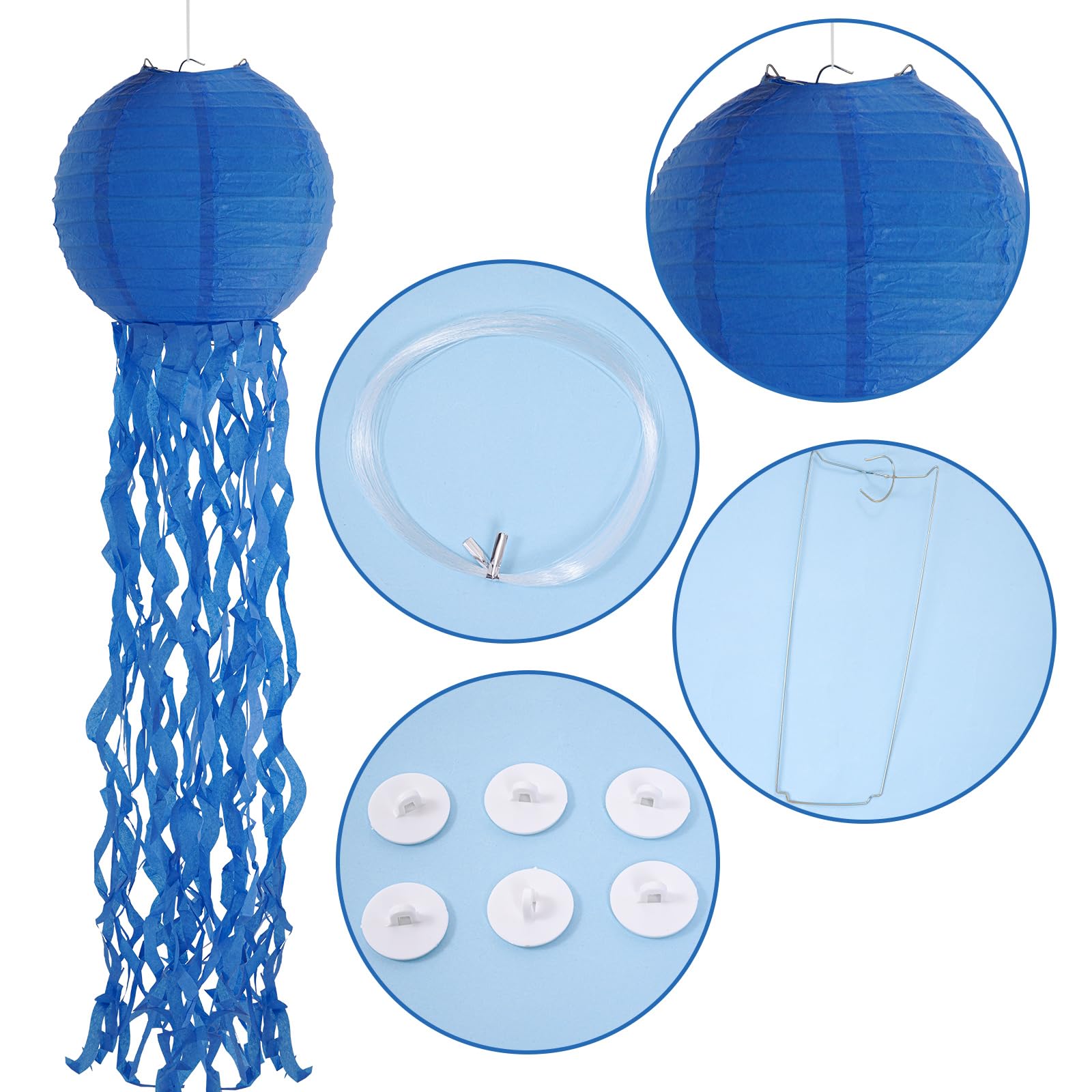 6-Pack Blue Jellyfish Hanging Paper Lanterns – 9” Diameter, 25” Tassel Tentacles, Ocean & Mermaid Party Decor
