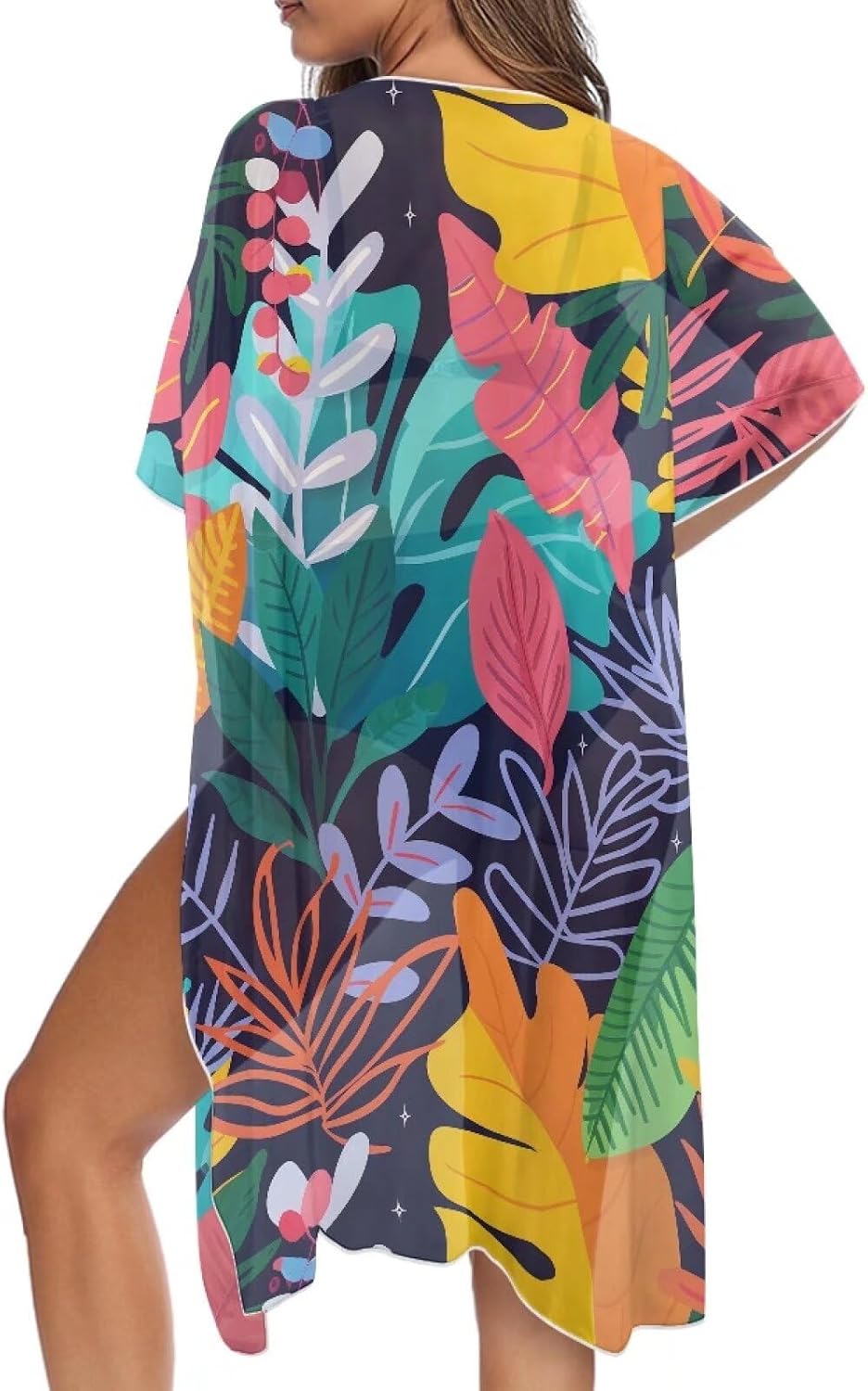 Irisjudy Kimono Beach Cover Ups for Women Wildflower Field Chiffon Sheer Coverups Island Tribal Totem Swimsuit Cardigans