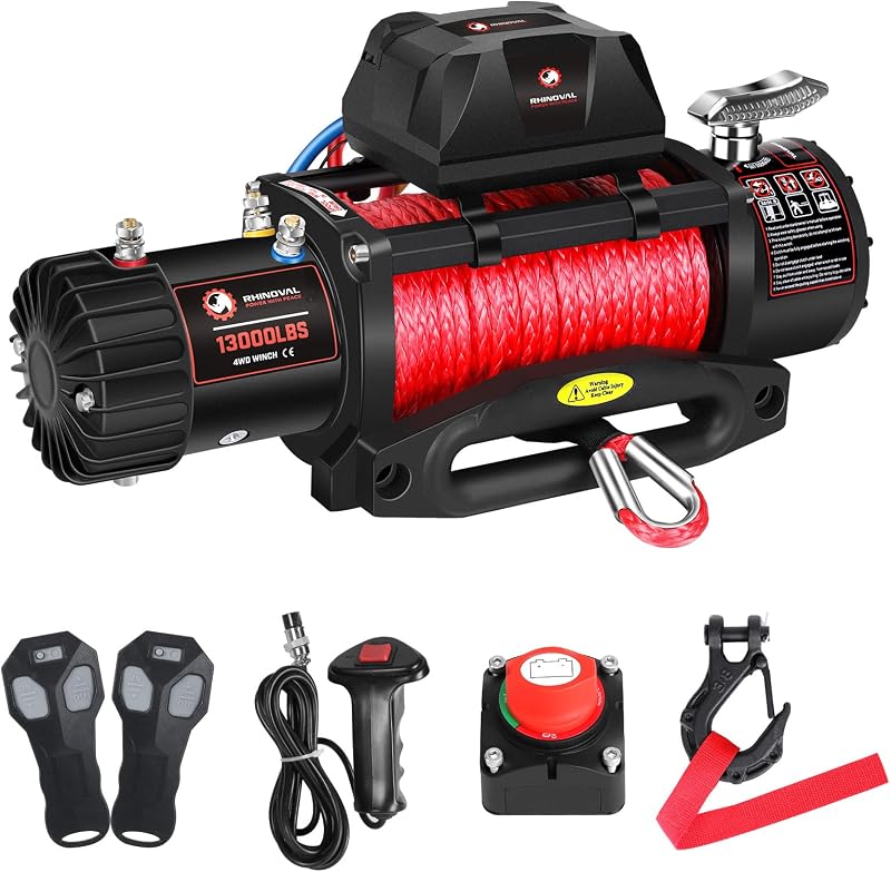 13000lb Electric Winch, Synthetic Rope, Battery Disconnect Switch, Low Profile Control Box, 12V, IP67 Waterproof, Wireless Remote, for Offroad Recovery SUV, Truck, Boat Trailers, Flatbeds
