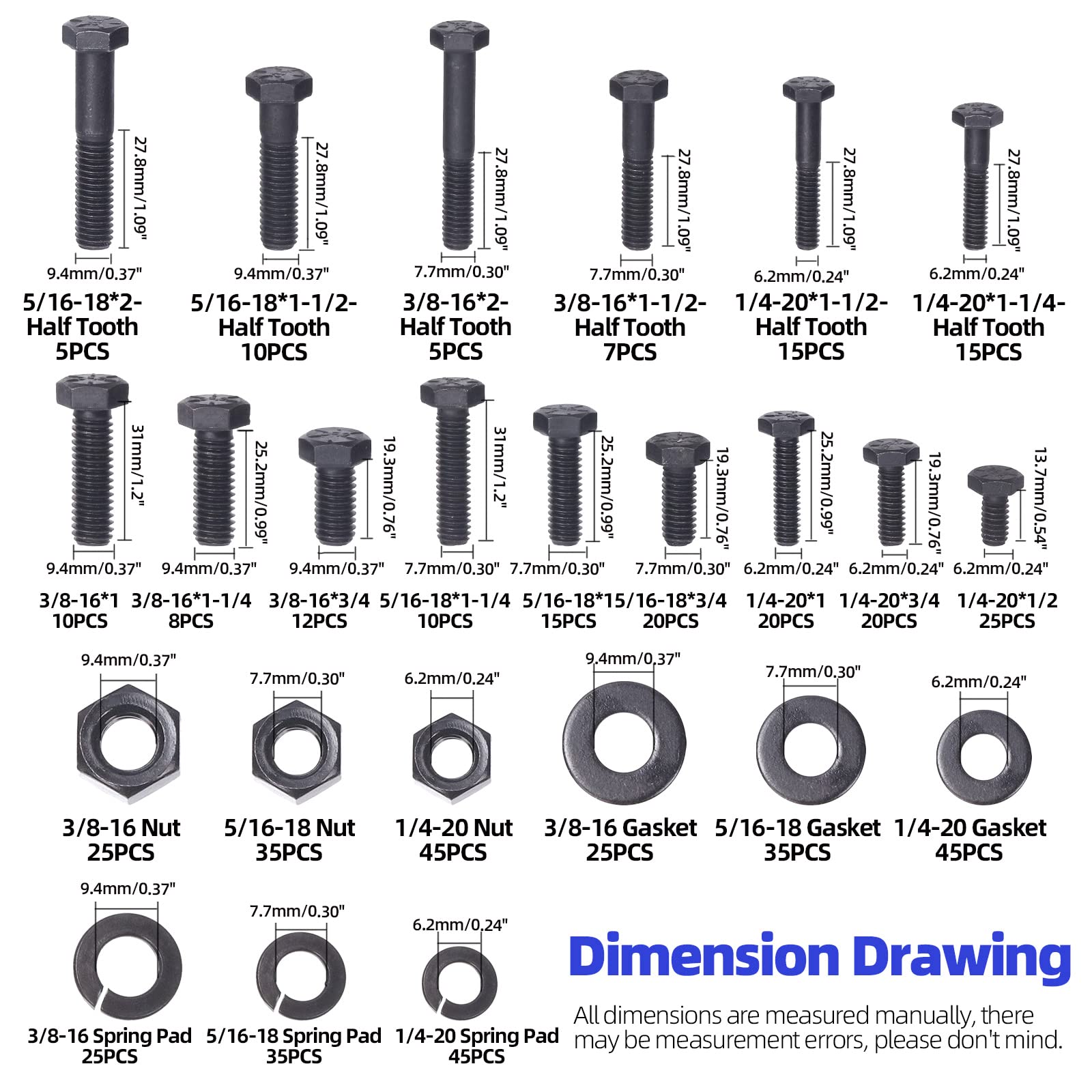 Glarks 512Pcs 1/4-20", 5/16-18", 3/8-16" Kit d'assortiment de rondelles de vis hexagonales de grade 8, rondelles de verrouillage de vis hexagonales noires et rondelles de joint plat