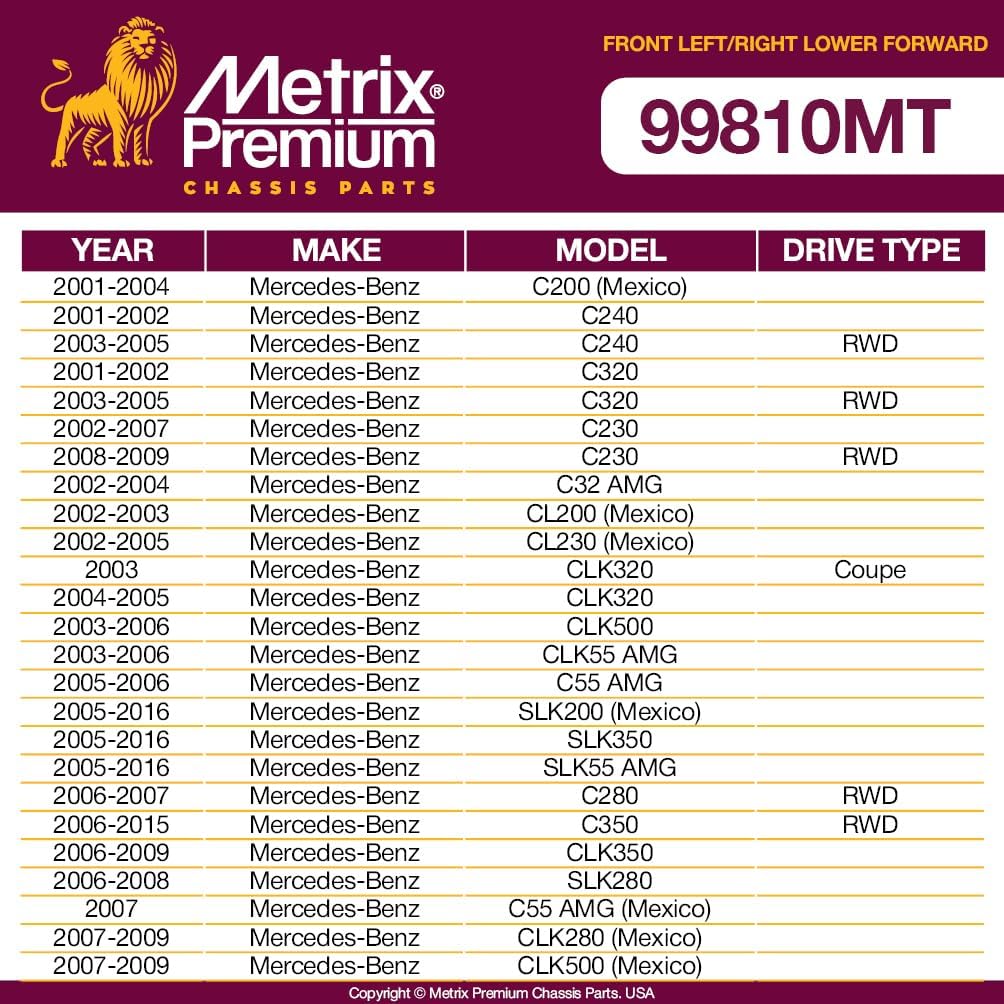 Metrix Premium Chassis Parts - Front Left & Right Lower Forward Control Arm w Ball Joint & Bushing Assembly Kit Fits 01-04 Mercedes-Benz C200 (Mexico), 01-02 C240, RK620087, RK620086, Made in Europe