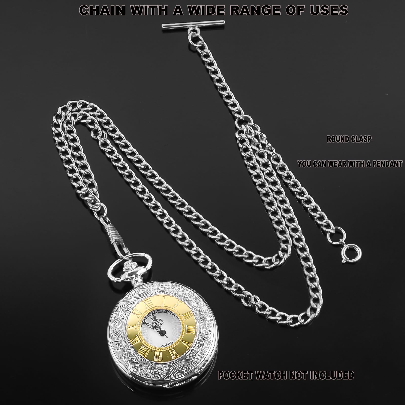Tiong Chaîne de montre de poche vintage Albert pour homme avec fermoir mousqueton et barre en T