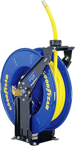 Air Hose Reel Retractable 3/8" Inch x 50' Feet Long Premium Commercial SBR Hose Max 300 Psi Reinforced Steel Construction Heavy Duty Spring Driven Industrial Dual Arm & Pedestal