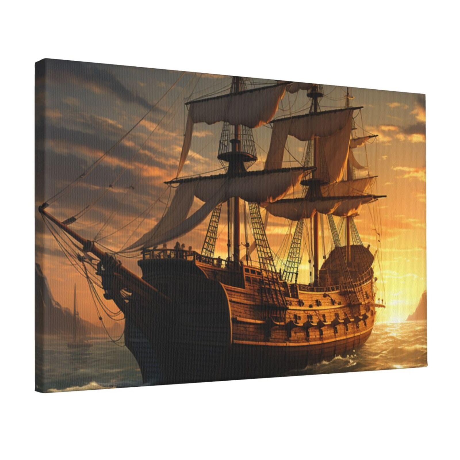 Fodpand Fantasy Pirate Ship Unframed Canvas Wall Art,Modern Posters Print Wall Decor Canvas Oil Painting For Bedroom Living Room Bathroom Wall Hanging Artwork Ready To Hang 12"X18"