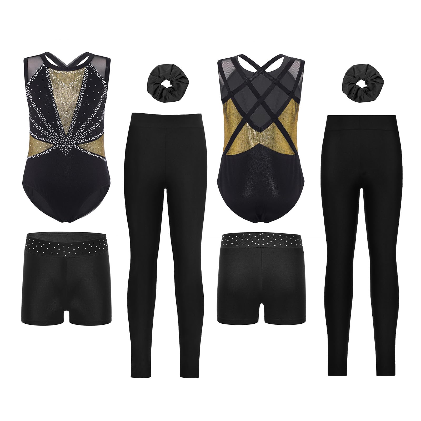 Vxuxlje Bambini Body Ginnastica Ritmica Bambine Con Shorts Tuta Intera Da Pattinaggio Artistico Ragazze Body Danza Classica Danza Classica Oro nero 13-14 anni