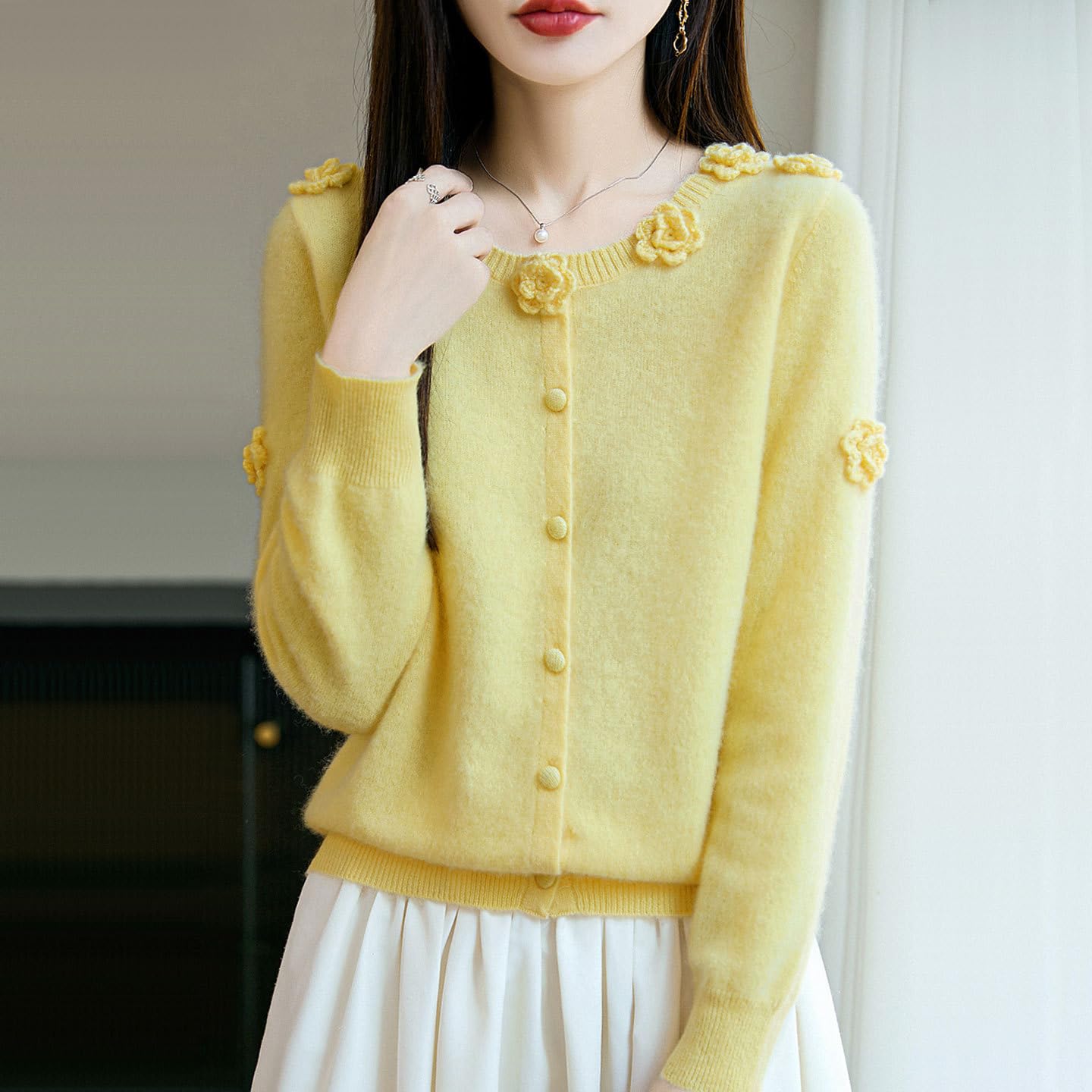 Chaqueta De Punto Mujer Cárdigans De Cachemir para Mujer Cárdigan De Manga Larga con Botones Y Estampado De Rosas Jersey De Cachemir De Cuello Redondo Suéteres De Lana De Punto Suave S