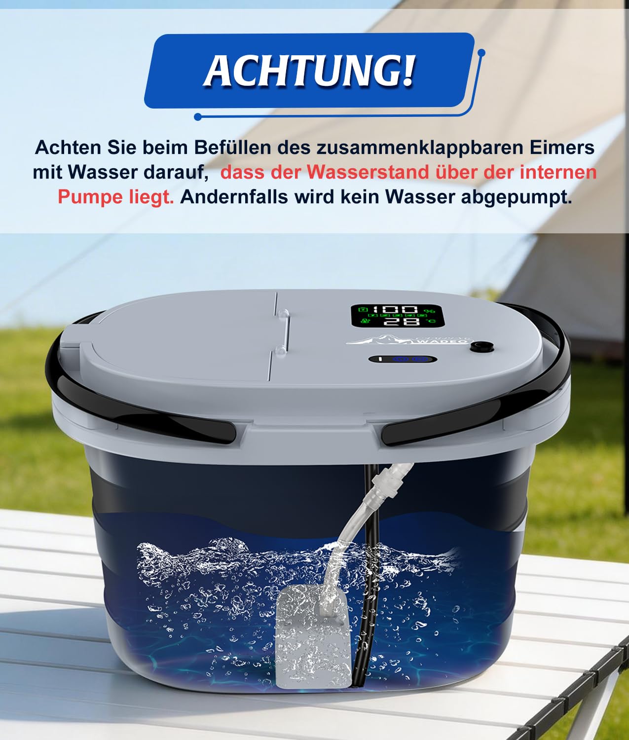 WADEO 2026 Campingdusche mit integrierter Pumpe 13000 mAh faltbarer Wassereimer 5 Geschwindigkeitsstufen 4 Strahlarten