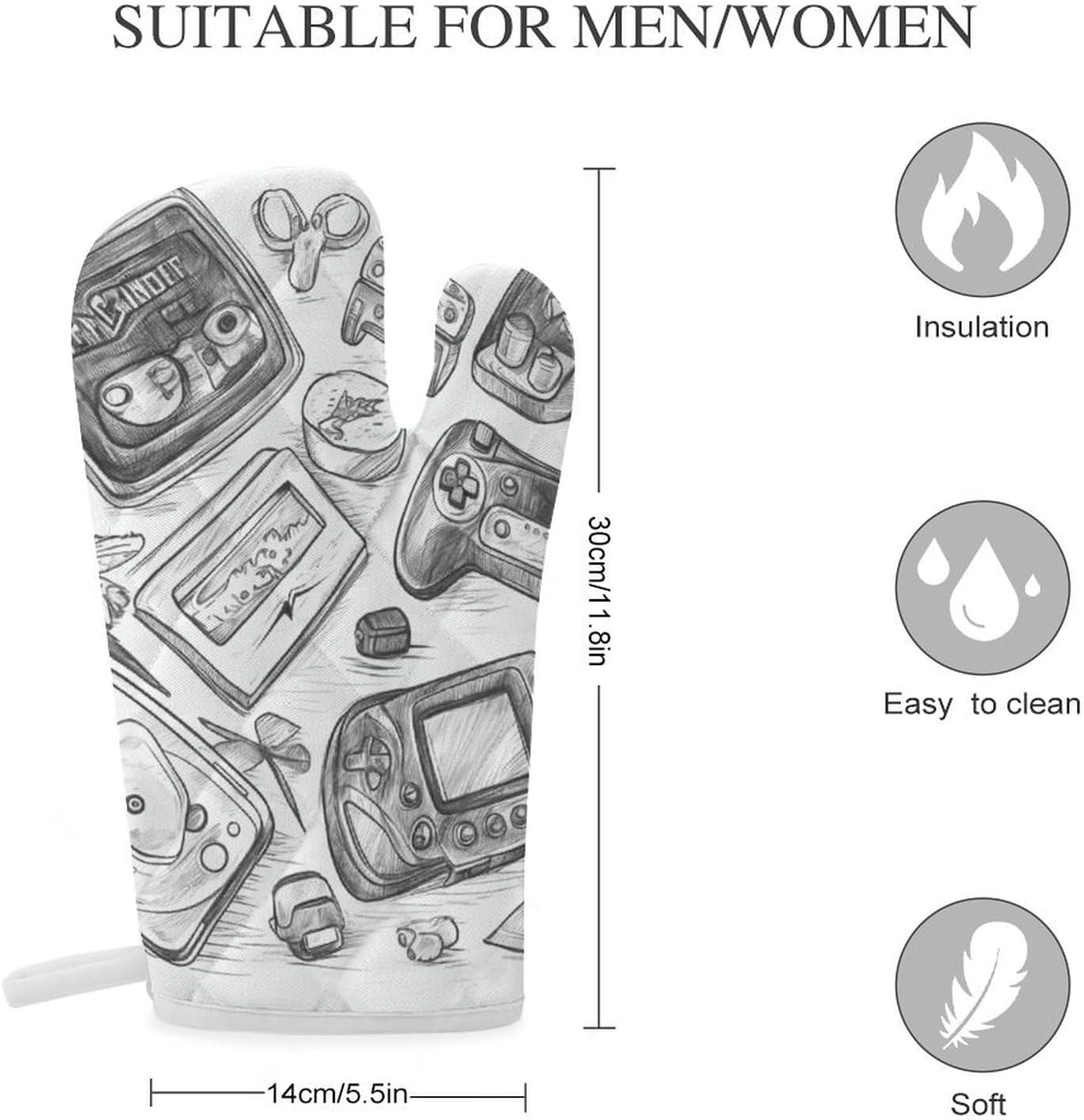 Oven Glove Monochrome Sketch Style Gaming Oven Mitt Sets of 2 Heat Resistant Gloves Non-Slip Cooking Gloves for Baking Grilling BBQ Kitchen Glove