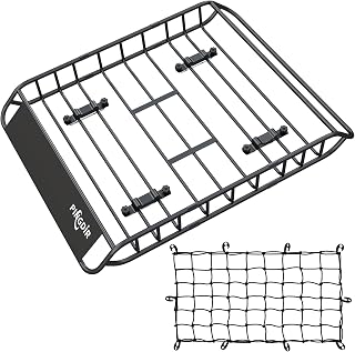PINGDIR Roof Rack Basket 46x36 Rooftop Cargo Carrier with Cargo Net & Hooks - 200lb Easy No-Screw Install