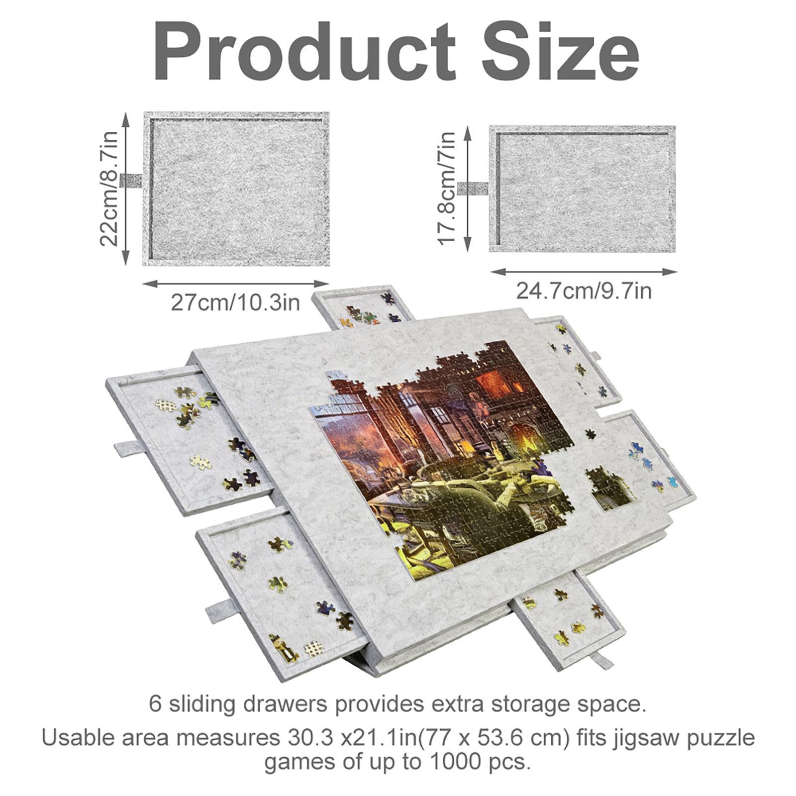 Przechylany stół do puzzli, 1000 elementów – deska do puzzli z 6 szufladami i powierzchnią filcową, przenośna deska do puzzli ze stojakiem 2 w 1, idealna do domu i podróży, 52 x 77 cm