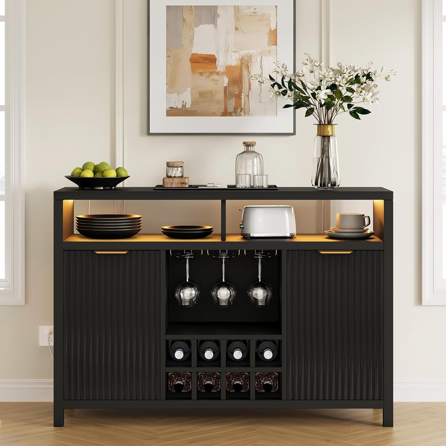 Fluted Wine Cabinet with LED Light, Charging Station, and Wine Rack - Stylish Buffet Cabinet for Modern Home Kitchen and Coffee Bar Storage