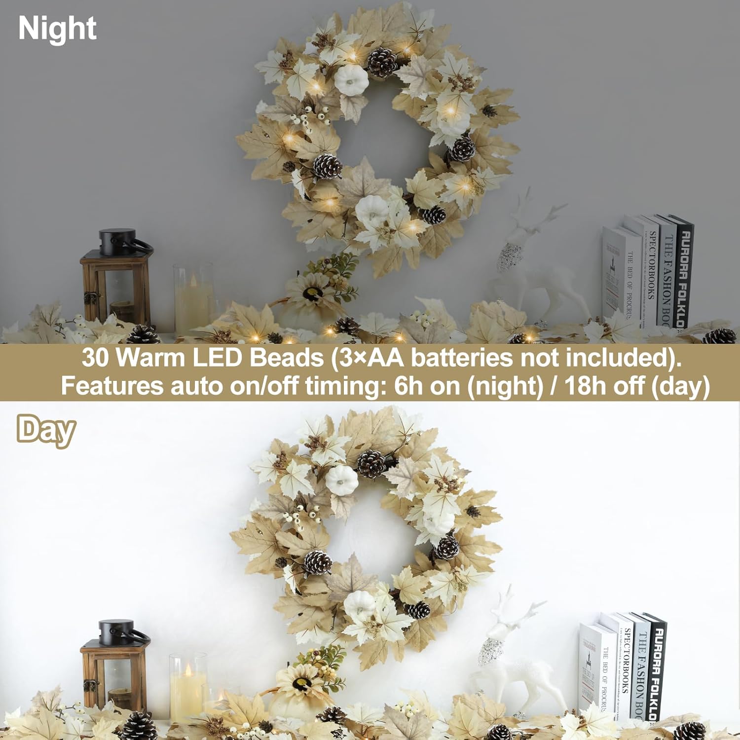 Fall Wreath with Lights 22 Inch - Fall Wreaths for Front Door Thanksgiving Halloween with Fall Home Decorations Autumn Wreath for Indoor Outdoor Wall Festival Decor