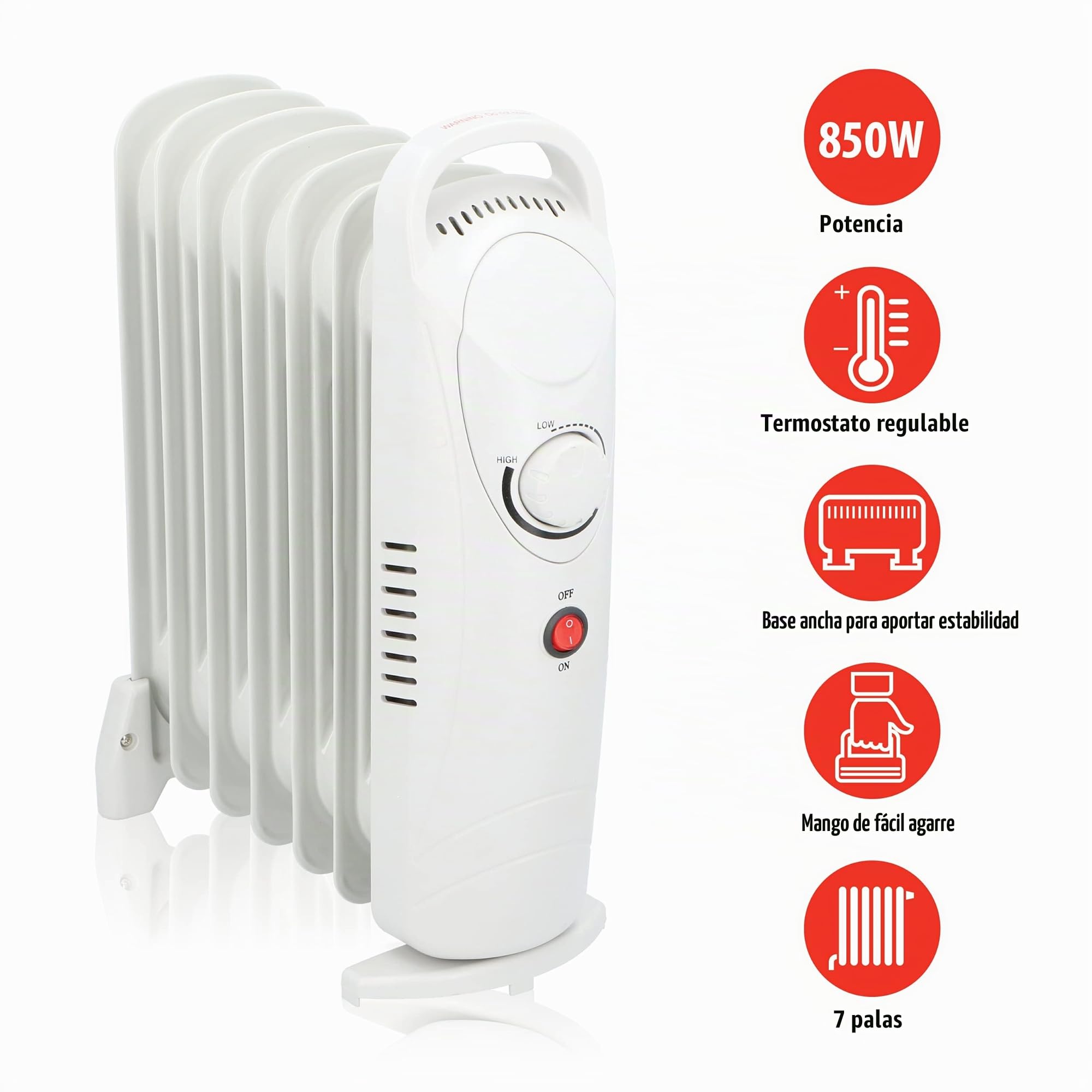 alpina Radiador de aceite 850W, 7 elementos, termostato mecánico, calefacción eléctrica de bajo consumo, regulador de potencia de bajo consumo de energía, compacto y portátil, blanco, normal