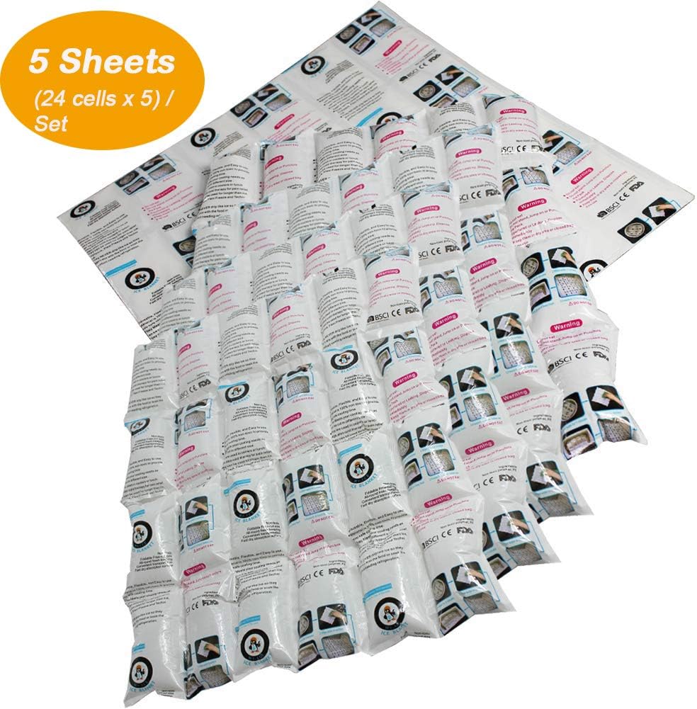 Reusable Ice Pack Sheets, Ice Packs for Coolers 5 Sheets, Flexible, Non-Toxic Ice Blankets - 13.3x14 Inches Ice Sheets (4 X 6 Cells Each),Great For Food, Hiking Camping Injuries And Pain Relief