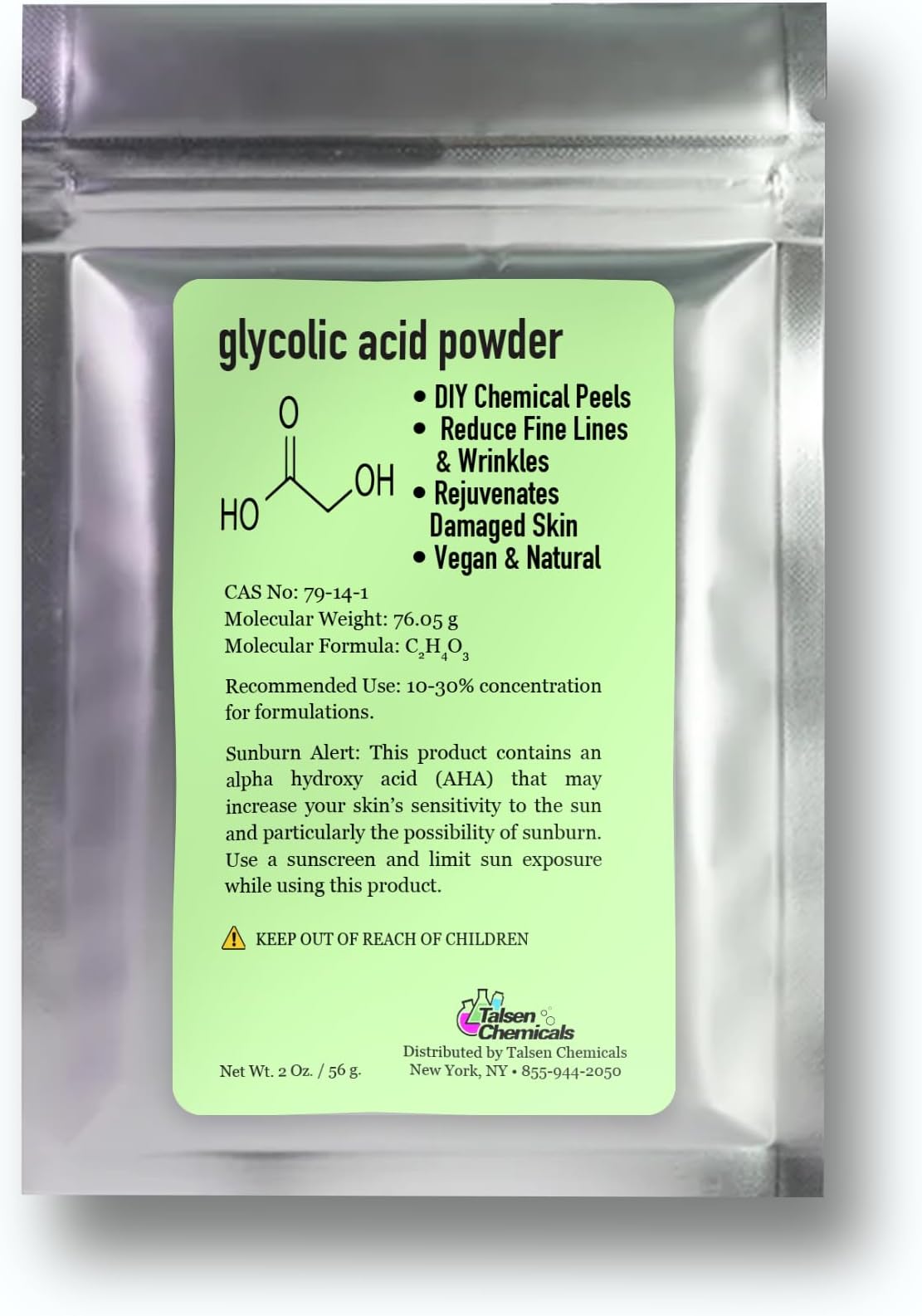 Glycolic Acid Powder (2 Oz/56 Grams) DIY Glycolic Crystal Powder is Pure, DIY Glycolic Acid Peels, Lotion and Serum by Talsen Chemcials