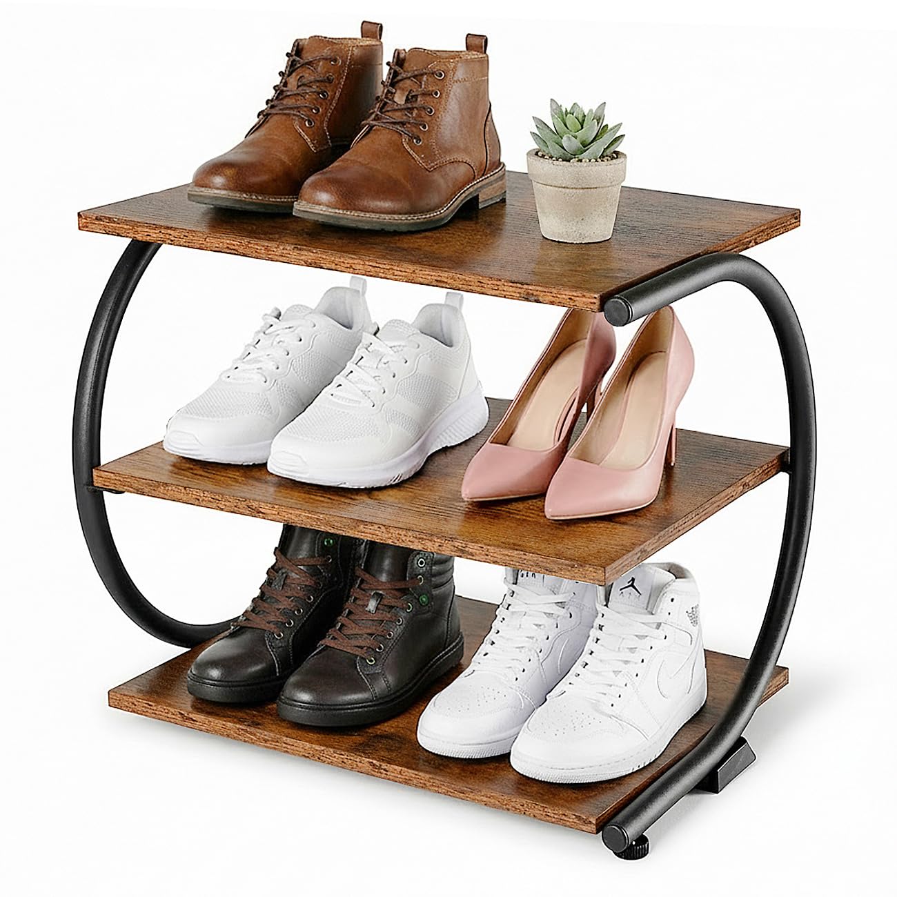 Compact Shoe Organizer, Wooden Shelves, Curved Metal Frame, Adjustable Feet, for Front Door Entrance, Closet, Hallway Small Shoe Rack for Entryway,C-Shaped 3-Tier 17” Wide Shoe Storage