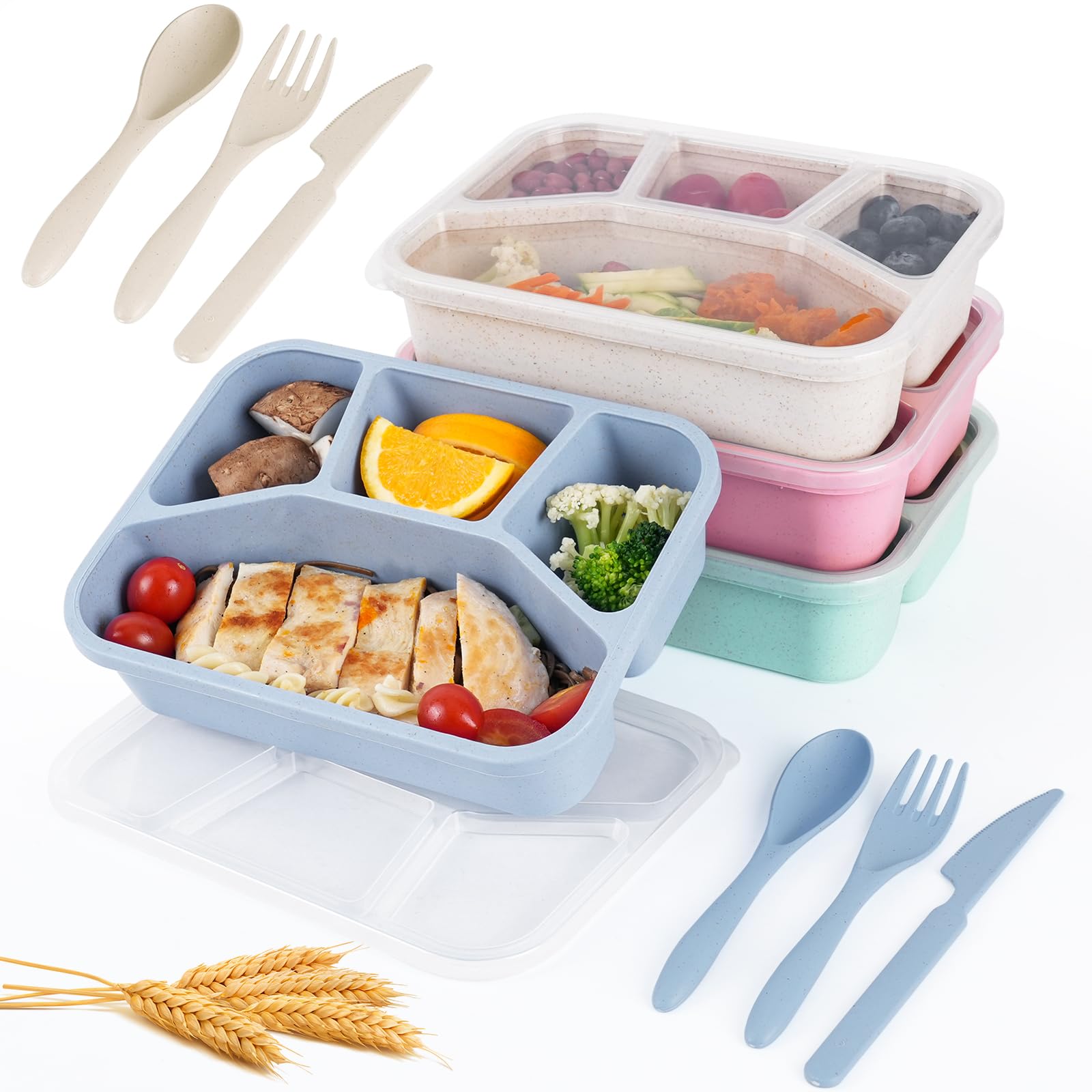 Moretoes 4 Pack Lunch Box Containers Meal Prep Container Reusable with 2 Sets of Cutlery, 4-Compartment Straw Lunch Bento Box with Clear Lids, Stackable Food Storage Containers for Work Travel