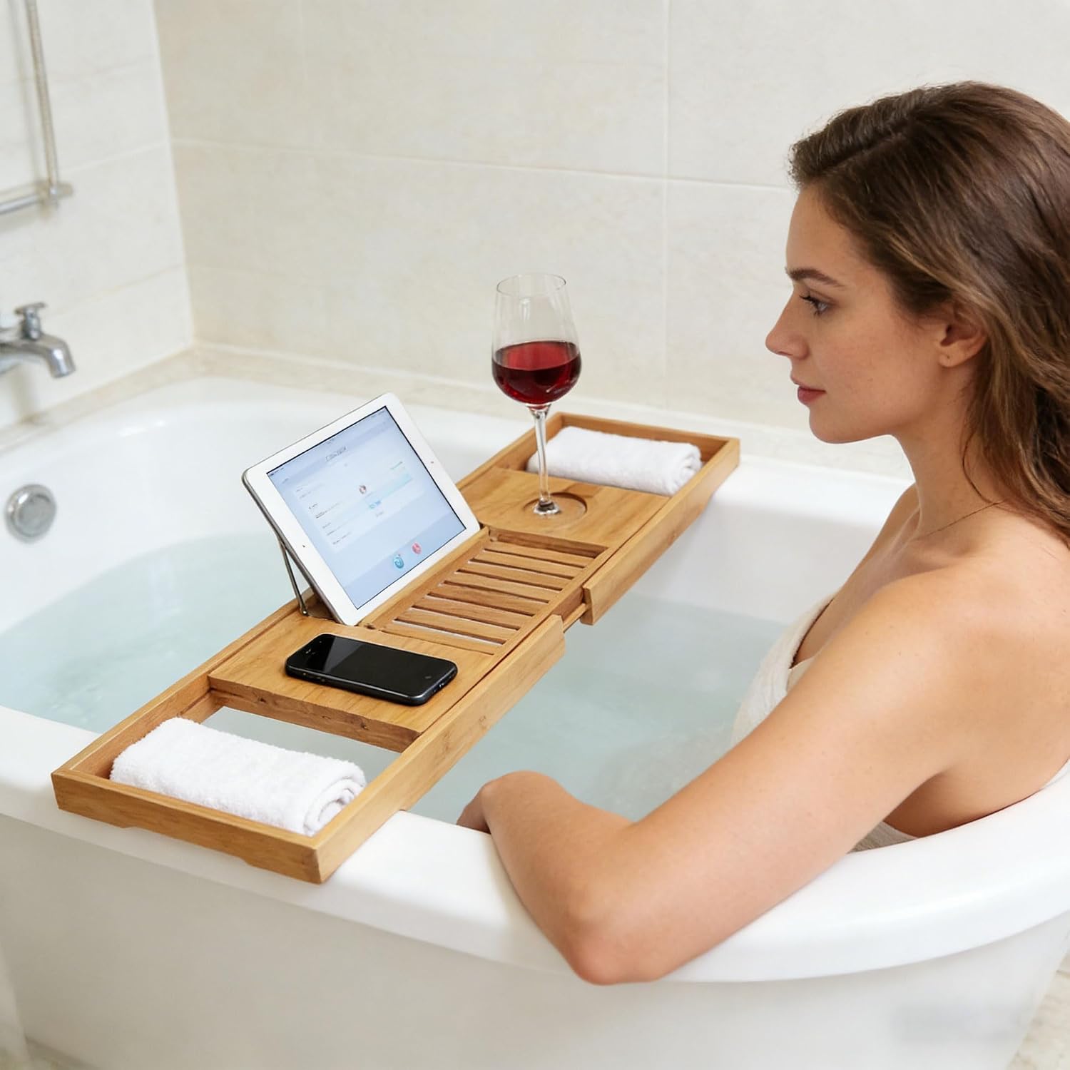 Expandable Teak Bathtub Tray with Holder Phone Mount Storage Design Adjust Shelf
