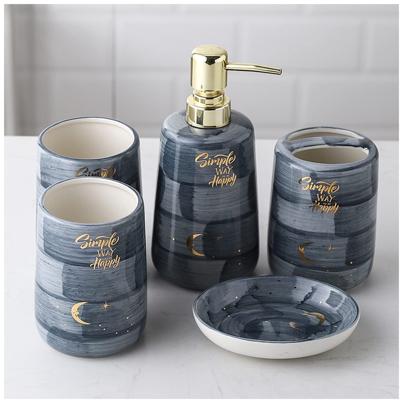 Juegos de Accesorios de baño, Acesorios Cuartos de Baño 5 Piezas con Dispensador Jabon Baño, Jabonera Baño, Porta Cepillo de Dientes, Bandeja, para Champú Cerámica Creativo Gris