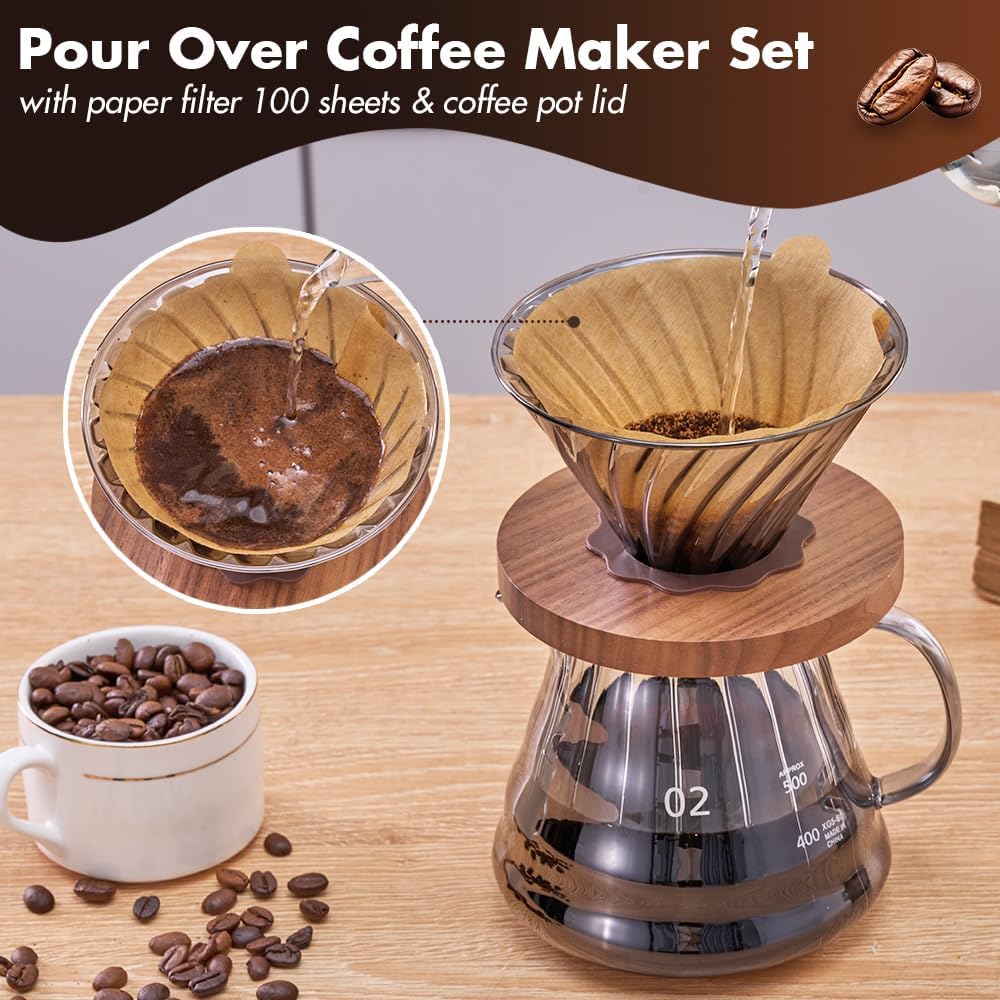 Glass Pour Over Coffee Maker,Glass Pour Over Drip Coffee Maker Set With 2-3 Cups Coffee Carafe Dripper + 100 Pcs Coffee Filter Kits Portable Manual Coffee Brewer For Office,Traveling,Camping（Grey）