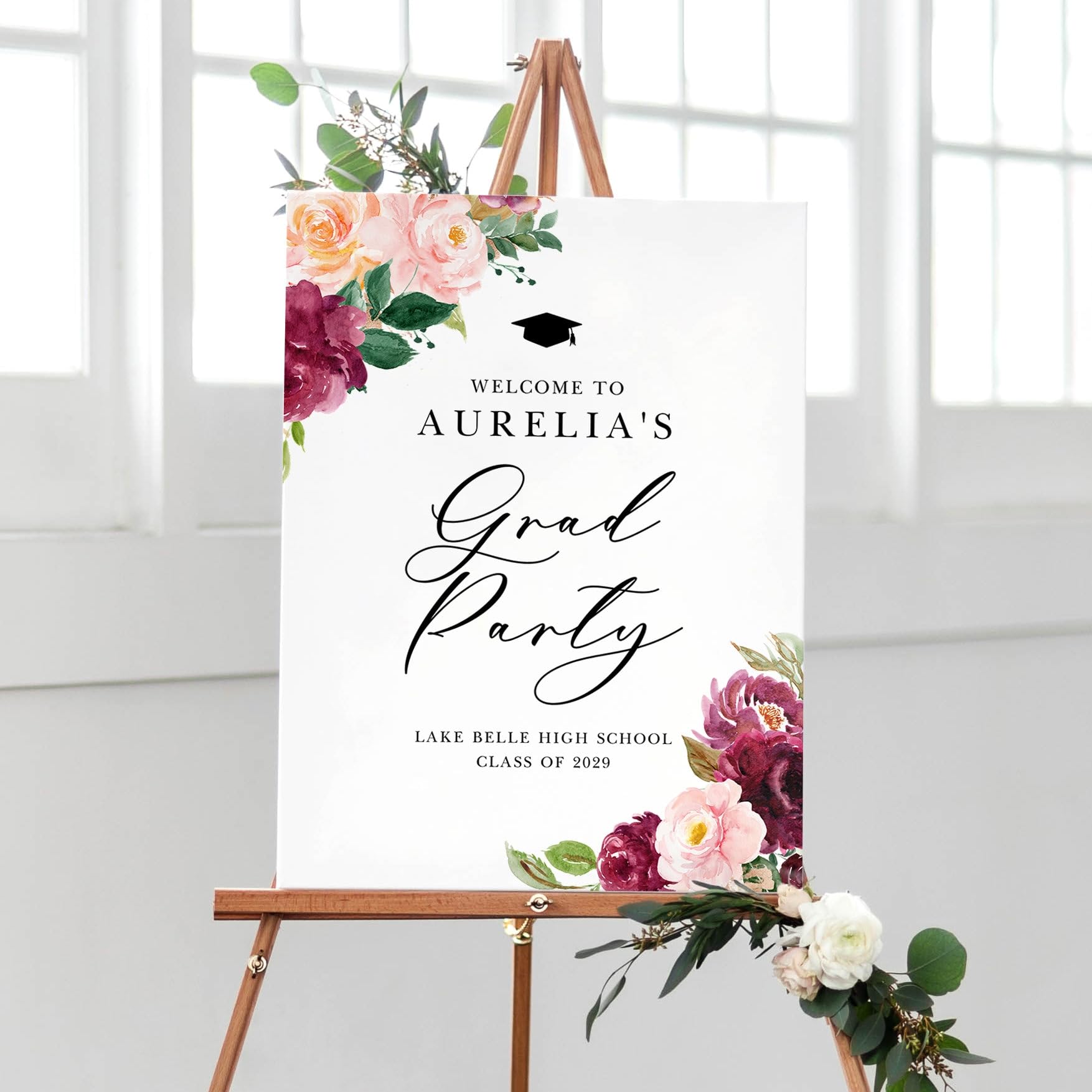 Personalized Burgundy Floral Graduation Welcome Sign, Floral Graduation Party Welcome Sign, Editable Graduation Poster Template, Flowers Grad