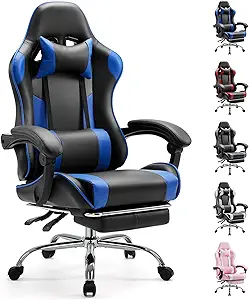 Sweetcrispy Computer Video Game Desk Chair - Ergonomic Comfy Lumbar Support with Footrest, PU Leather Recliner with Headrest, Fixed Up Armrest, Height Adjustable and 360° Swivel, for Adults, Blue