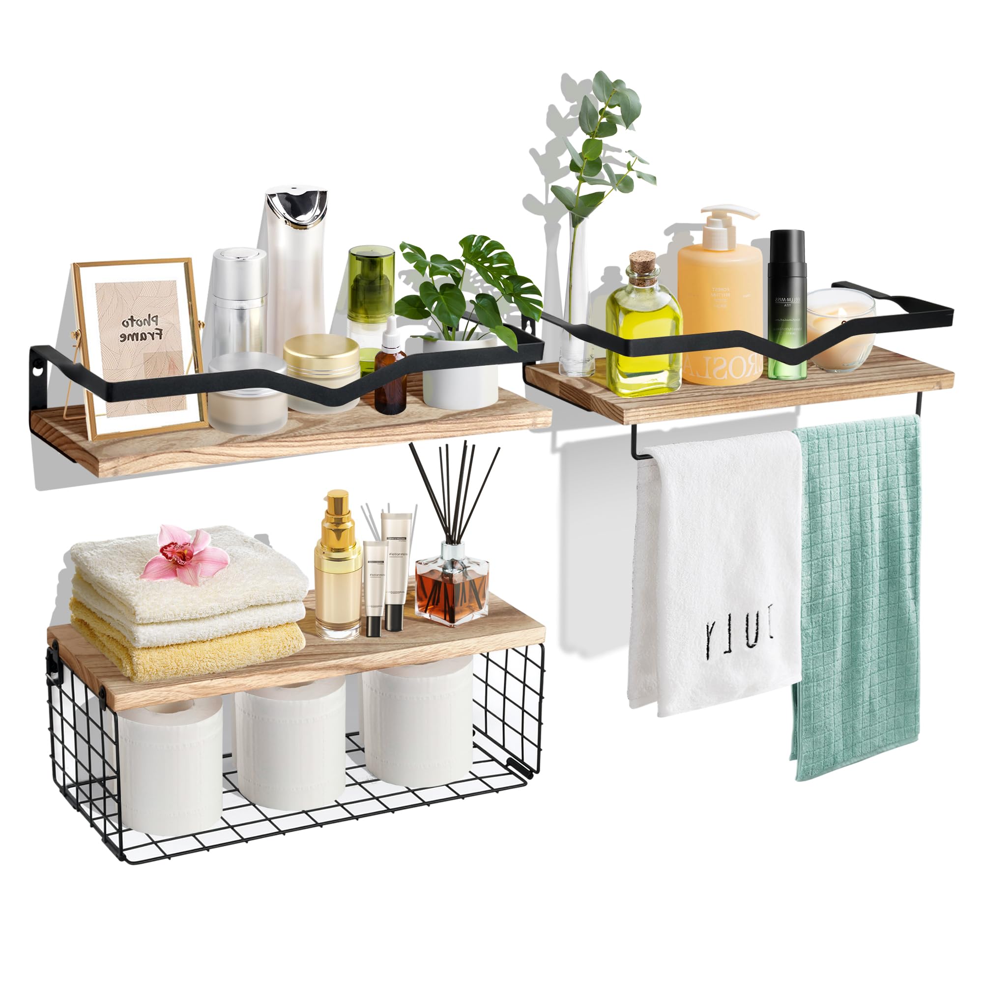 Alyoen Estantería de pared de madera, estilo rústico, juego de 3 unidades, estantería de pared para baño con cesta de alambre y toallero extraíble, estantería flotante de madera para baño, dormitorio,