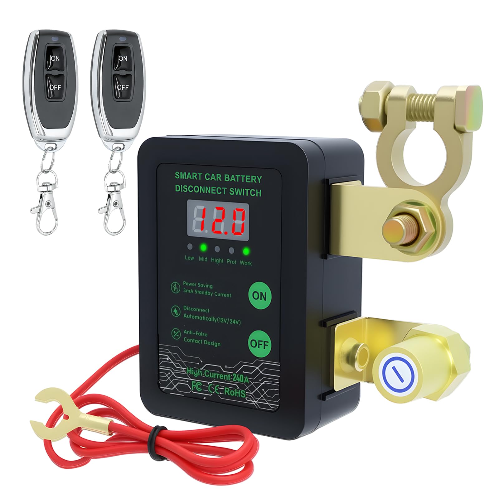 Disjoncteur de Batterie Sans Fil avec LED Affichage, Coupe Circuit Batterie 12V 24V Télécommande, Interrupteur D'arrêt Automatique pour Voiture RV ATV Camion Bateau Protection (Noir)