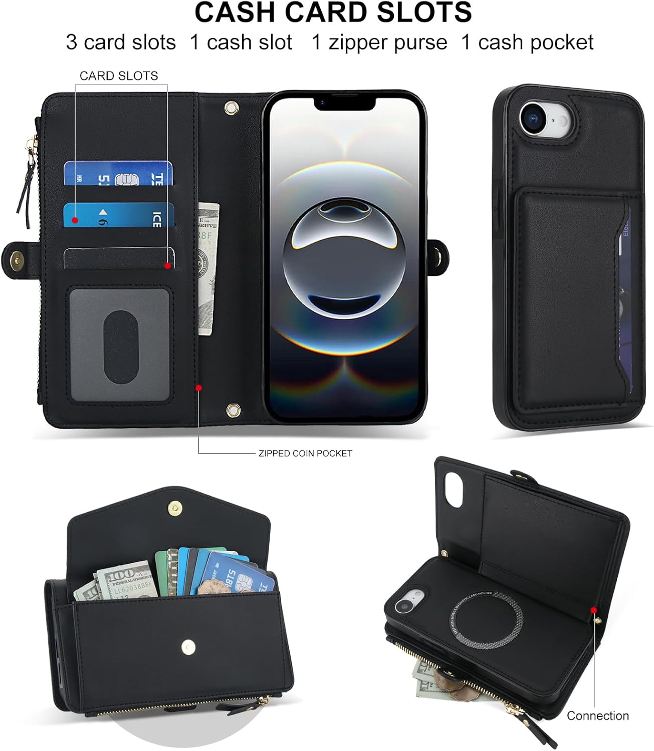 Phone Case for iPhone 16e/SE 2025/SE 4 Wallet Cover Compatible with RFID Screen Protector Crossbody Lanyard Strap Flip Card Holder Slot Cell i Phone16e i16e 16 e SE4 4th Generation 16eCase Black