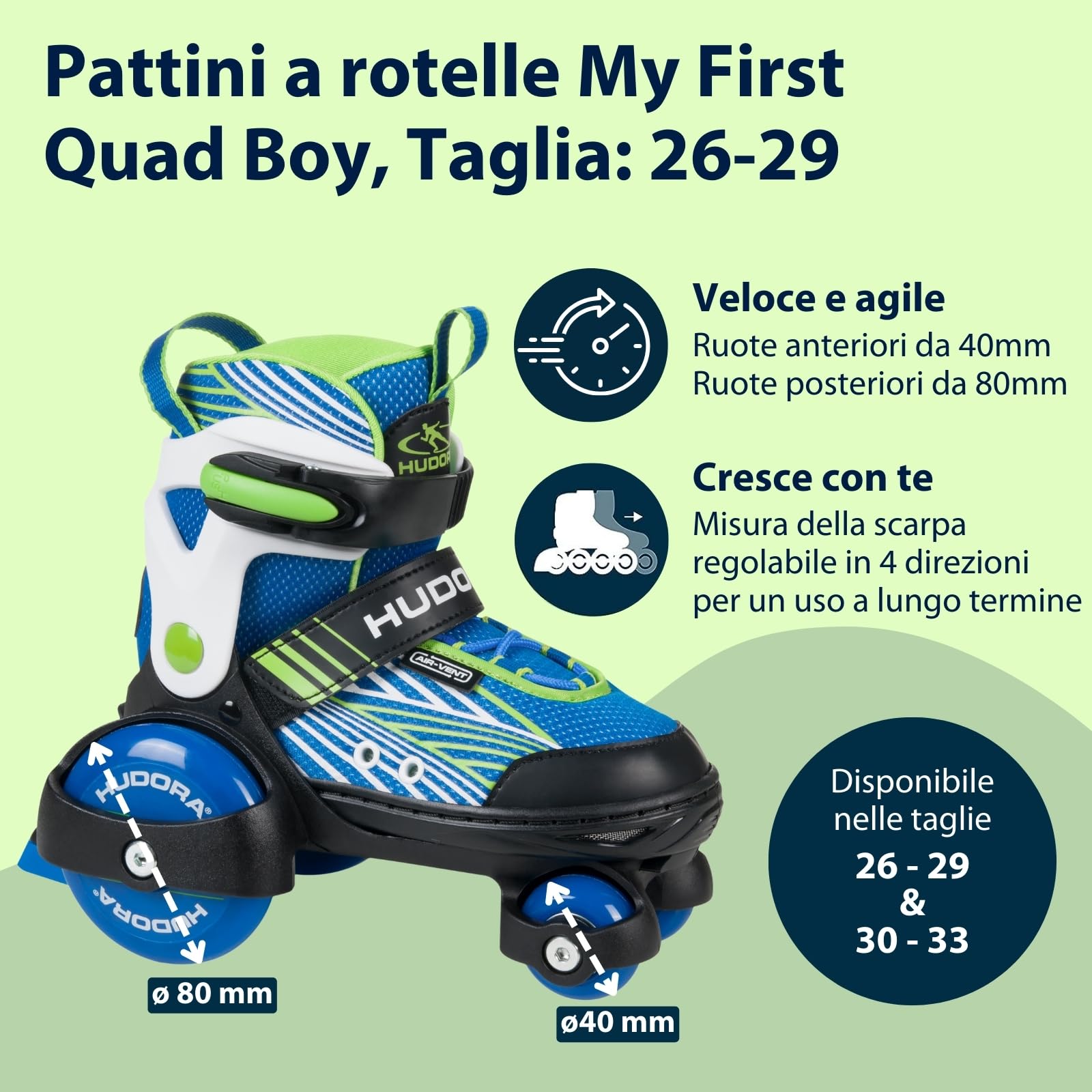 HUDORA Pattini a rotelle My First Quad in diverse misure e colori - pattini a rotelle di qualità per bambini fino a 20kg - pattini regolabili - sicuri e con rotelle grandi per iniziare