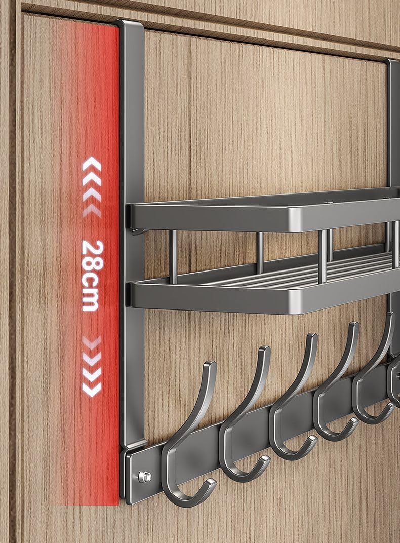 Over The Door Hooks Organizer, Carbon Steel Bathroom Door Towel Racks, No Punching Hanging Rack with 6 Hooks & Basket,for Clothes, Bags, Keys, Storage Hanger for Bedroom, Kitchen Entryway