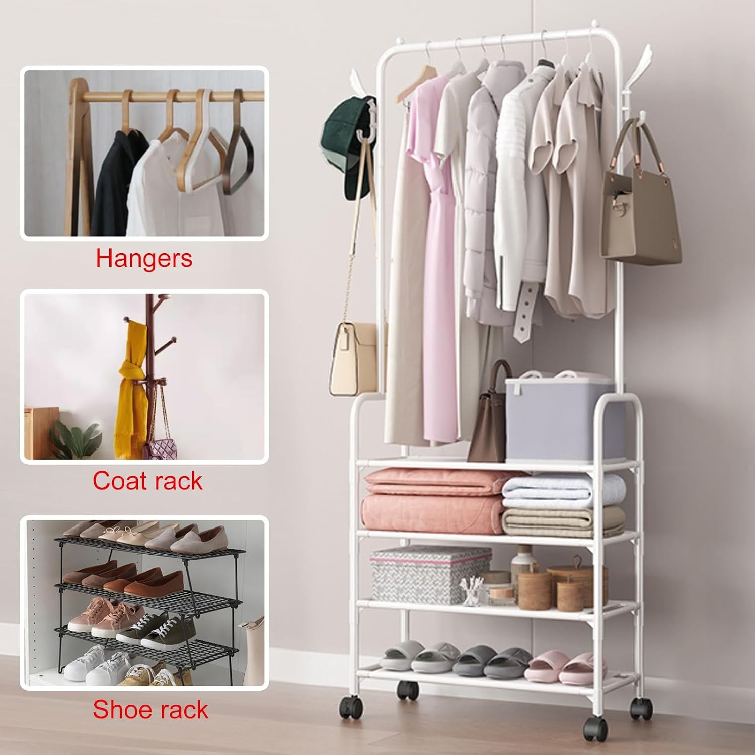 3 in 1 Clothes Rack Multi-Tier Clothes Rack with Shelves, Easy Assembly for Dresses, Belts, Shoes and Bags - Portable image 3