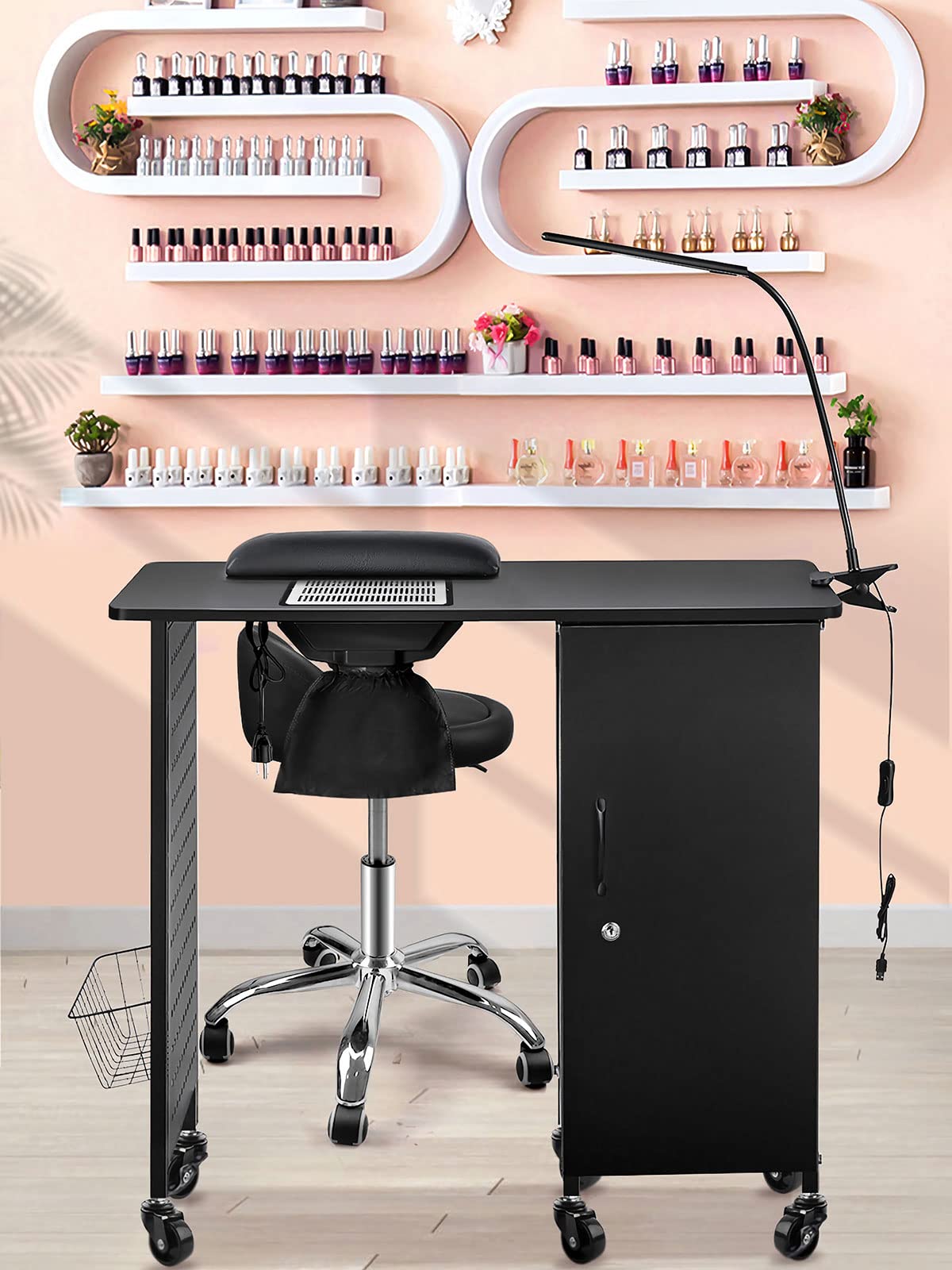 Kalolary Maniküre Nageltisch, Mobile Nagelstation mit Nagelstaubsammler | 4 Schubladen, LED-Lampen, Handballenauflage für Heimtechniker, Spa, Schönheitssalon, Arbeitsplatz, schwarz