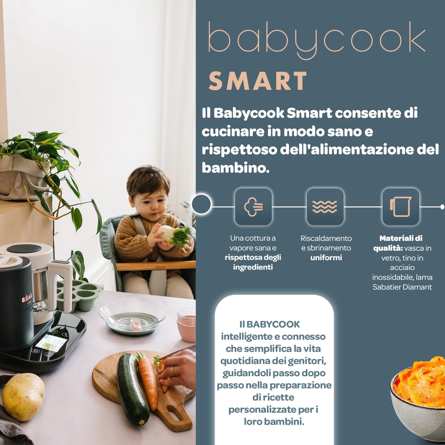 BÉABA BabycookSmart, Cuoci Pappa per Bambini, Bilancia, Ciotola in Vetro, Cestino Acciaio Inox, 2.25 L, Cottura Vapore, Schermo Tattile, Antracite