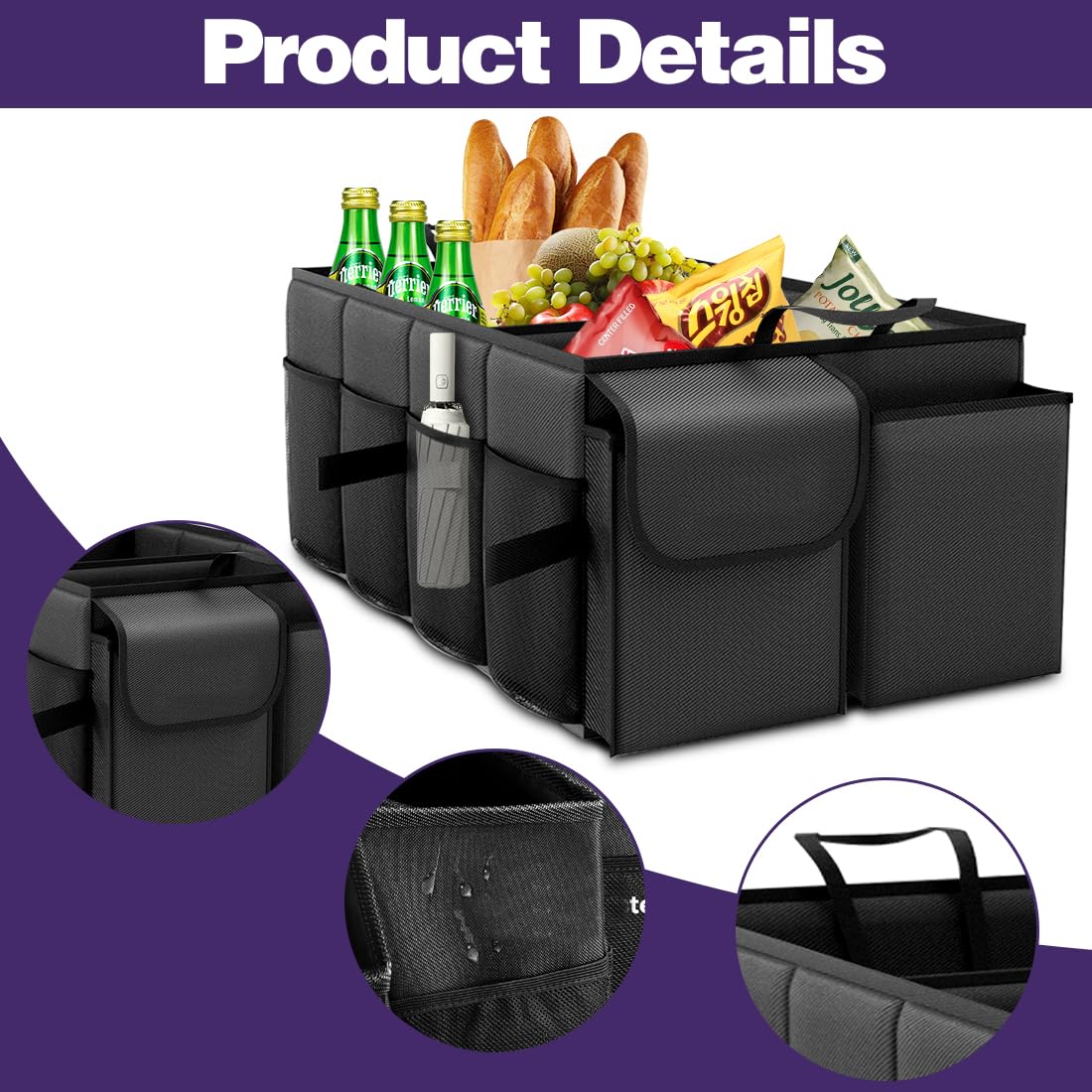 RANJIMA Organizer per bagagliaio, pieghevole, per bagagliaio dell'auto, con scomparti, per il trasporto dell'auto, per il campeggio e la vita quotidiana, 54,1 x 32,0 x 26,9 cm
