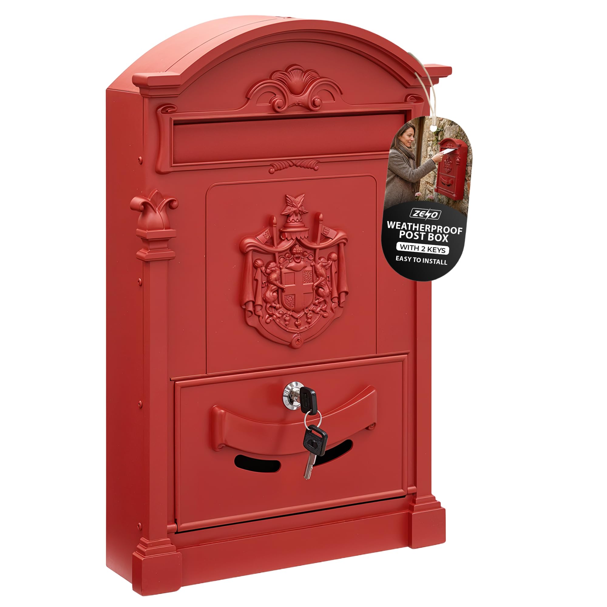 ZENO Letter Box Wall Mounted | Postbox | Large Traditional Post Box Mailbox | Post Letter Box for Home | Vintage Classic Mail Box with 2 Keys | Easy to Install | Keep Your Mail Safe (Red)