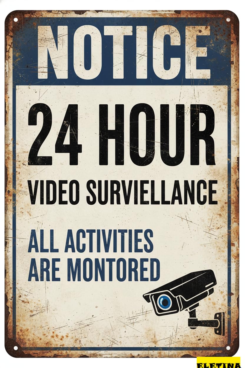 Vintage Metal Tin Sign for Man Cave 24 Hour Video Surveillance, 8x12 Reflective Iron Security Camera Warning S Home And Business, Private Property Decorative